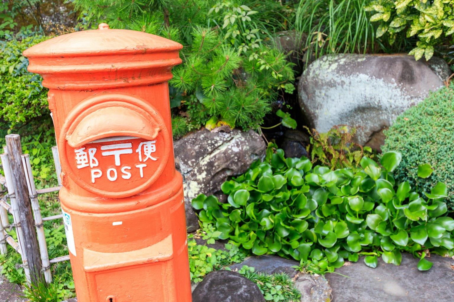 Orange postal box surrounded by lush green plants