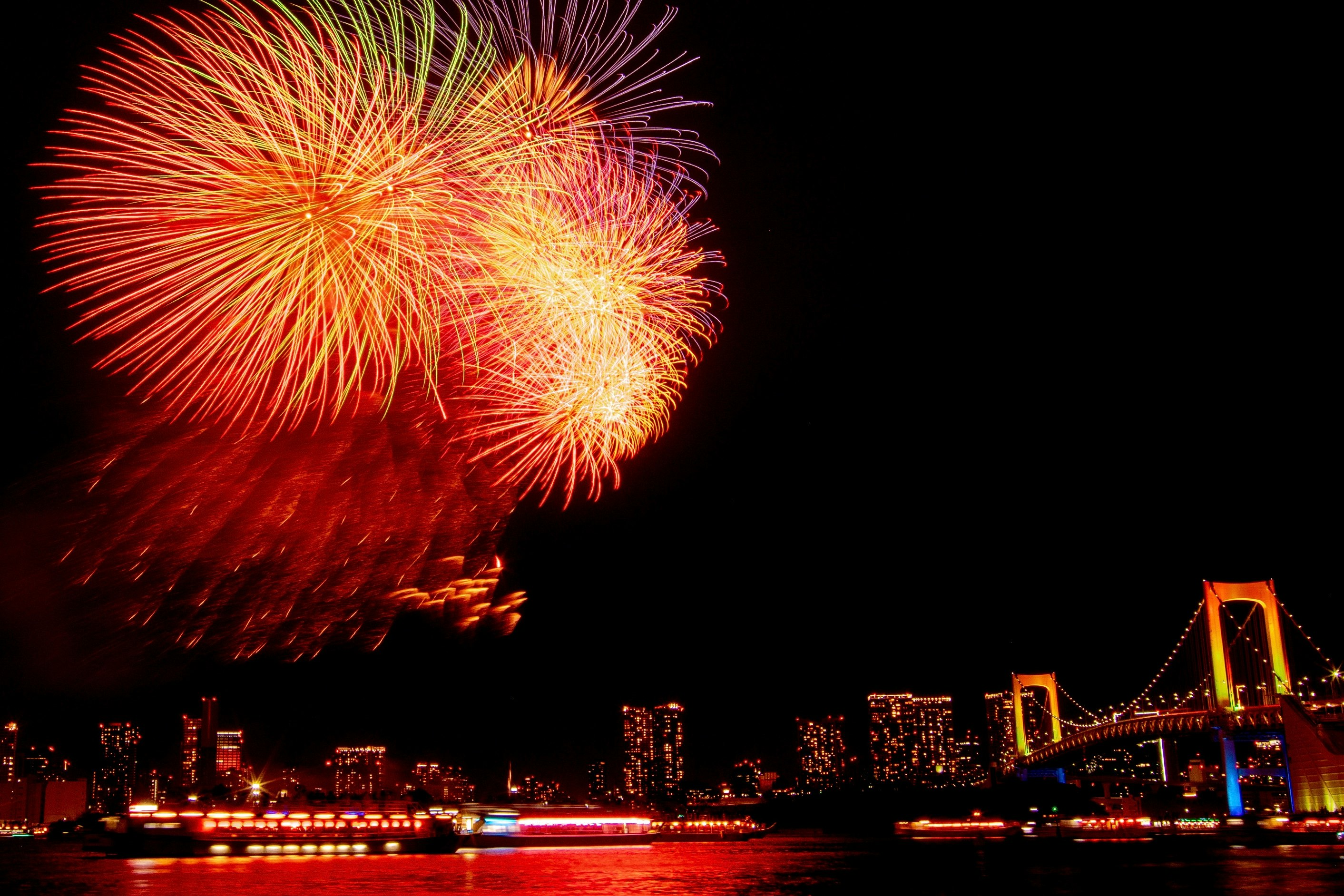 夜空に咲く大輪の花火と川沿いの夜景