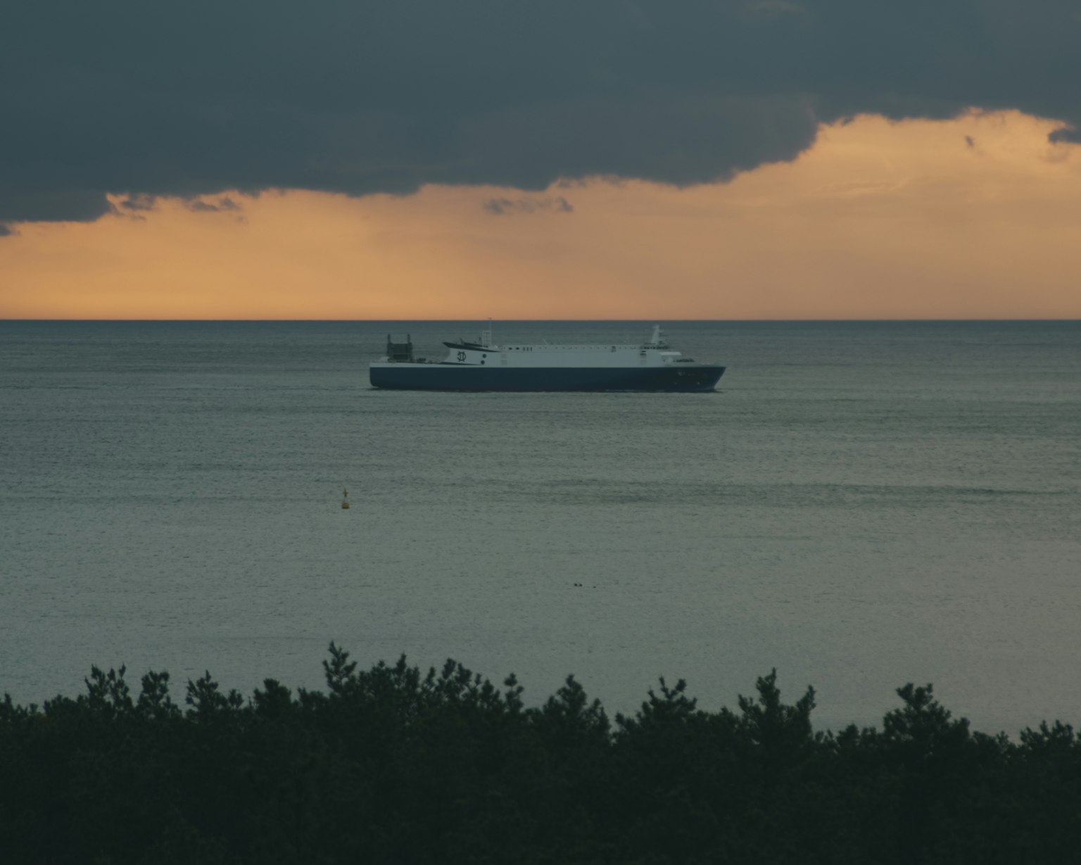 Grand cargo flottant sur la mer avec des nuages sombres au-dessus