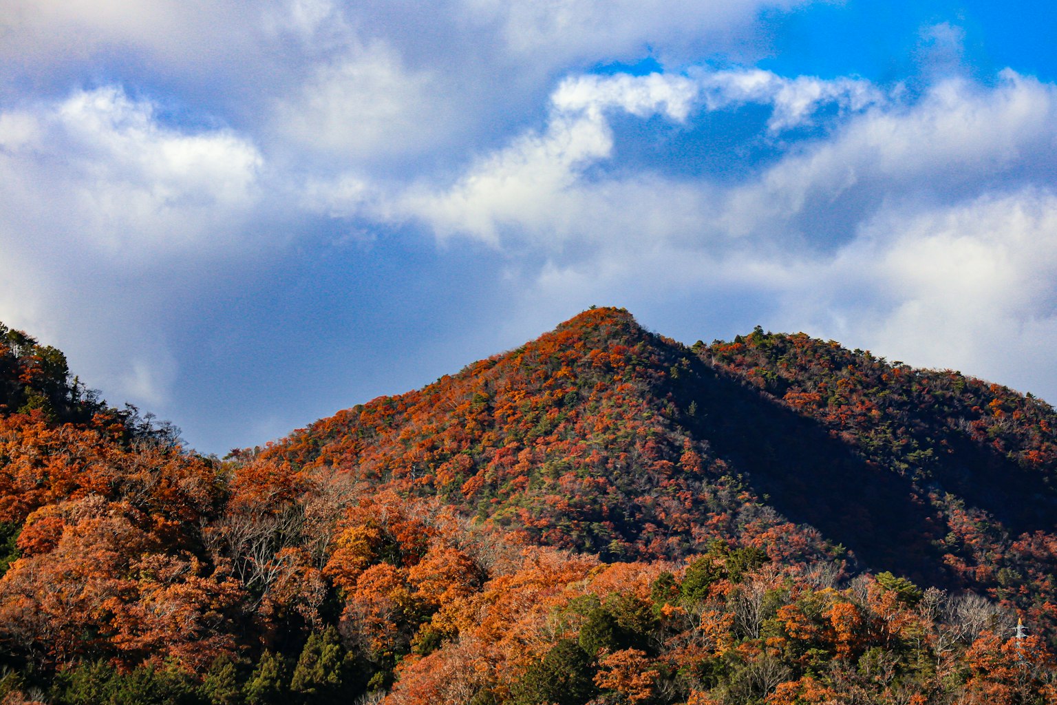 Gunung dihiasi warna musim gugur di bawah langit biru