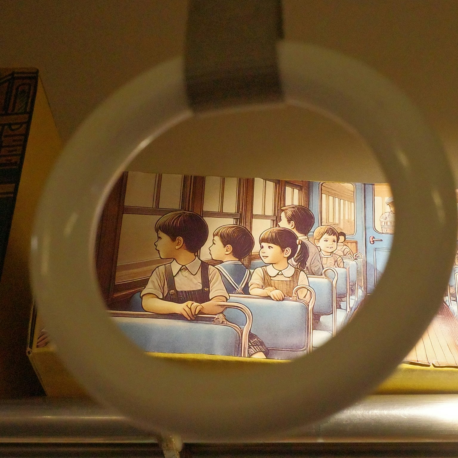 白い吊り革越しに見える子供たちが座る電車の内部