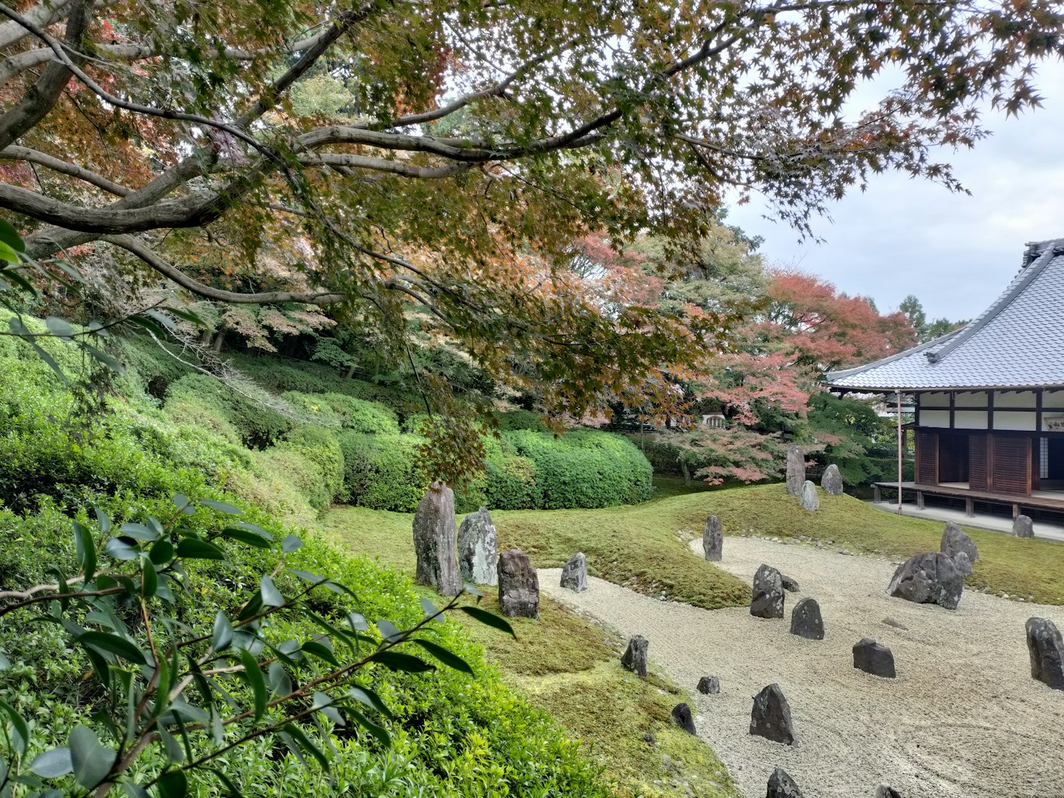 ทิวทัศน์ที่สวยงามของสวนญี่ปุ่นที่มีหินสงบและพืชพรรณเขียวขจี