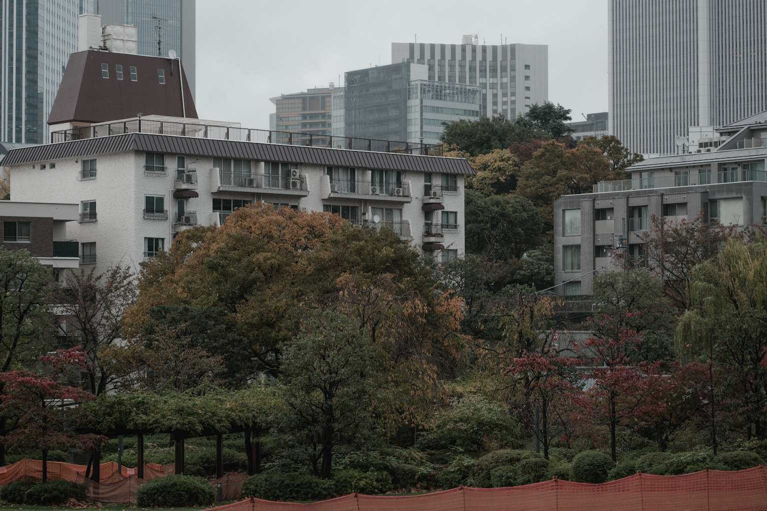 Urban park with autumn foliage and surrounding buildings
