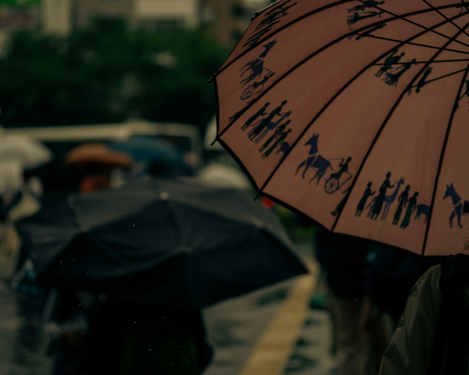 雨中伞下的人的剪影，伞上有裝飾圖案