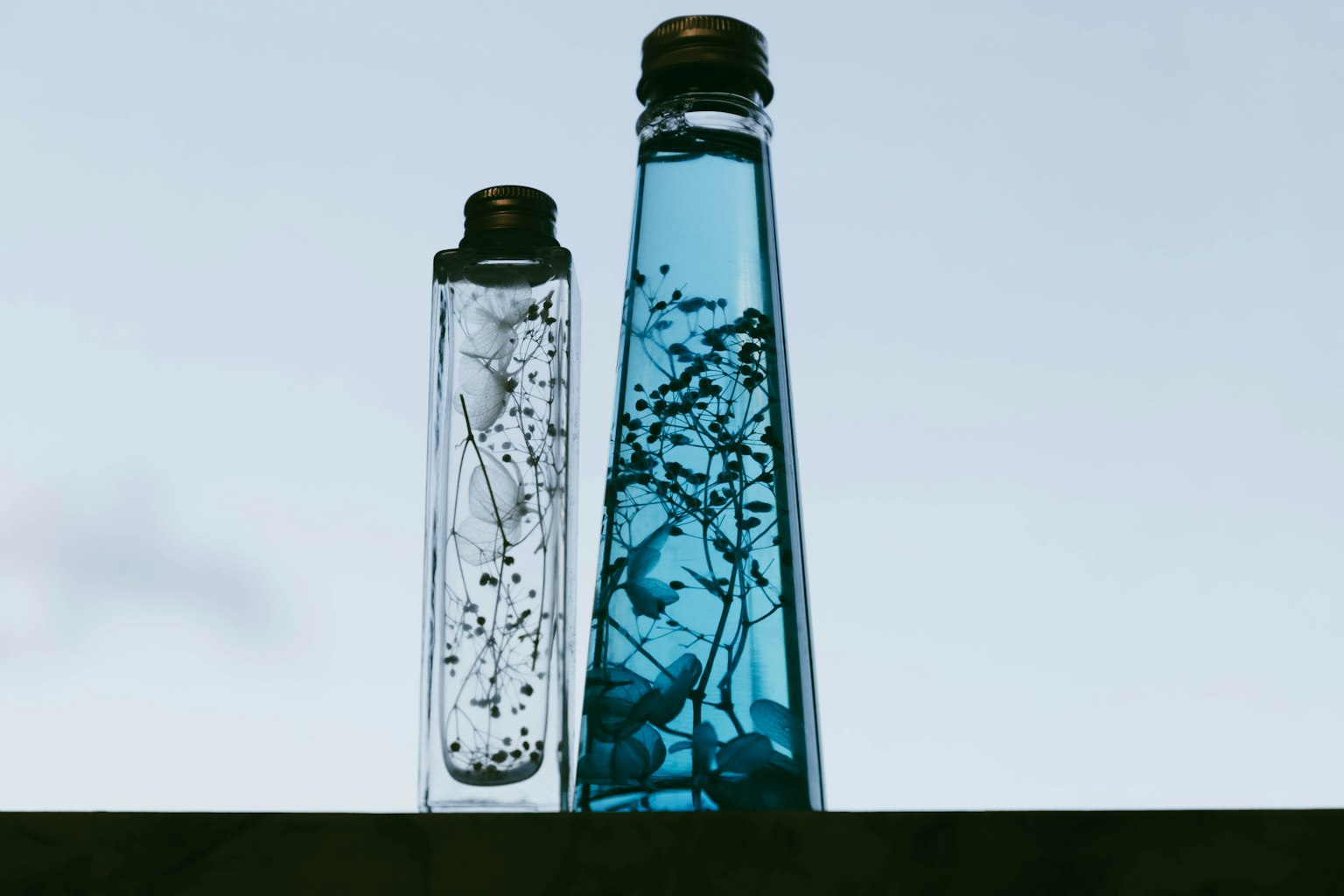 Zwei Glasflaschen mit blauer Flüssigkeit stehen gegen den Himmel