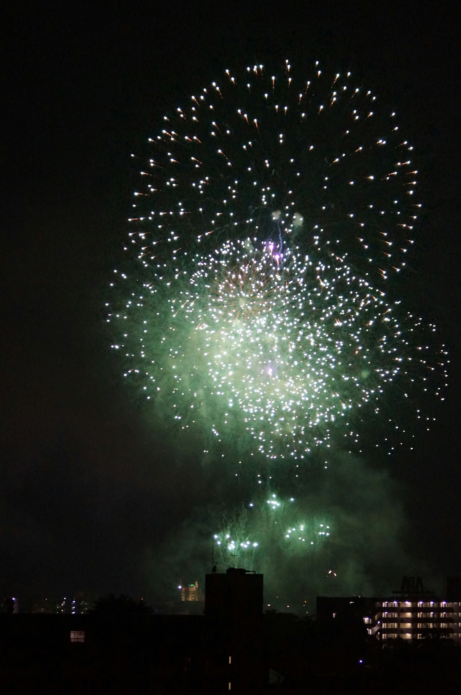 Fuochi d'artificio verdi esplodono nel cielo notturno