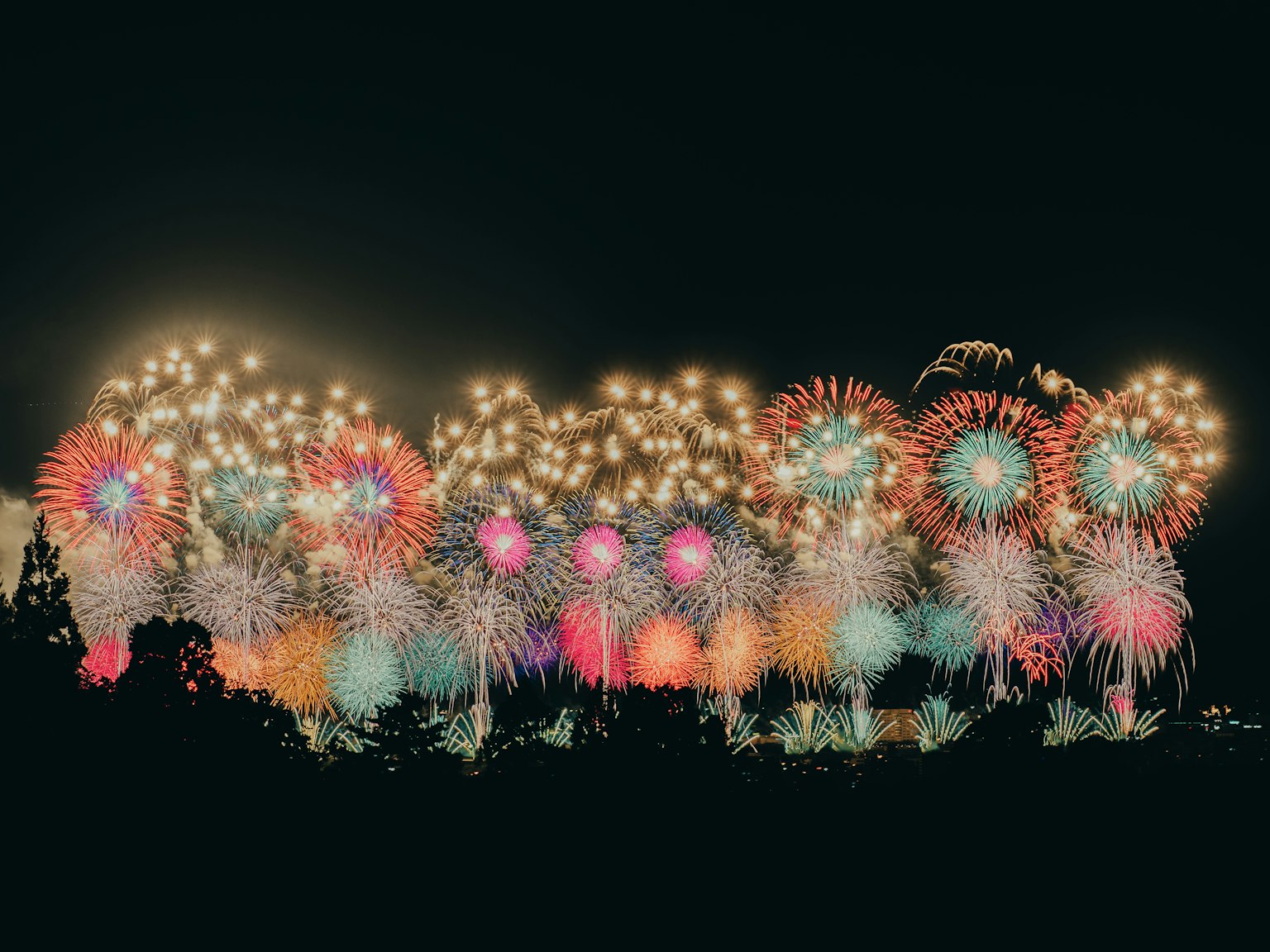 夜空に広がるカラフルな花火のショーが見える