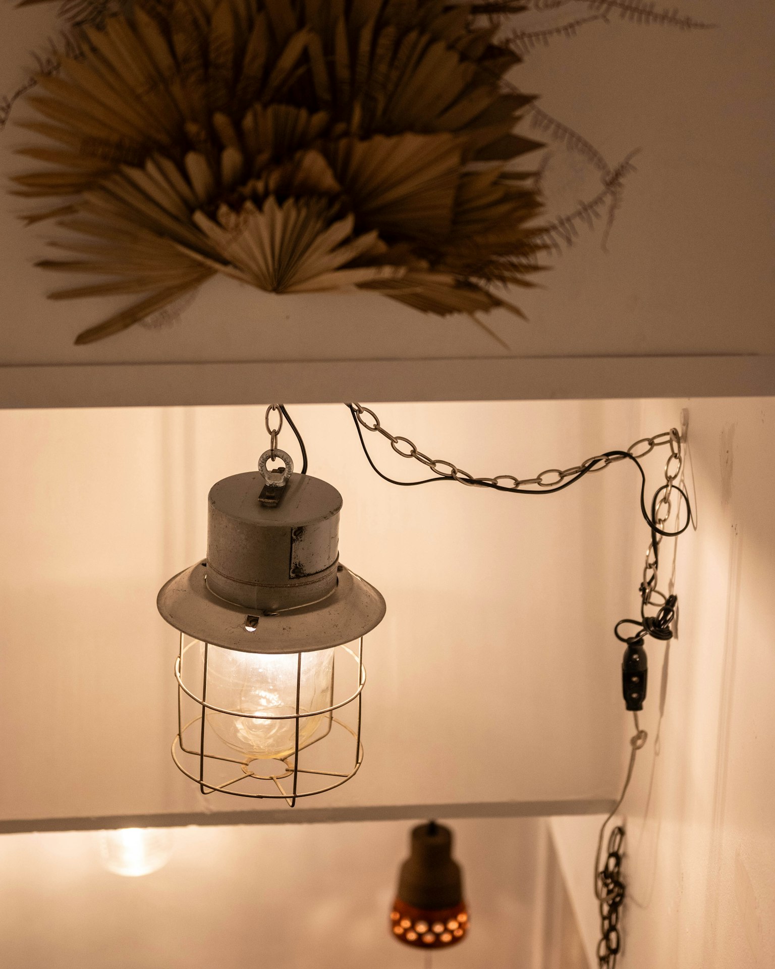 Lampada retro appesa a una parete bianca con piante decorative