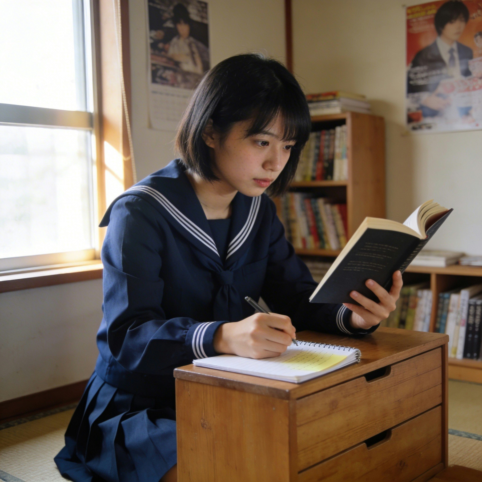 Schülerin im Schuluniform beim Lernen zu Hause, schreibt in ein Heft und liest dabei ein Buch am Schreibtisch