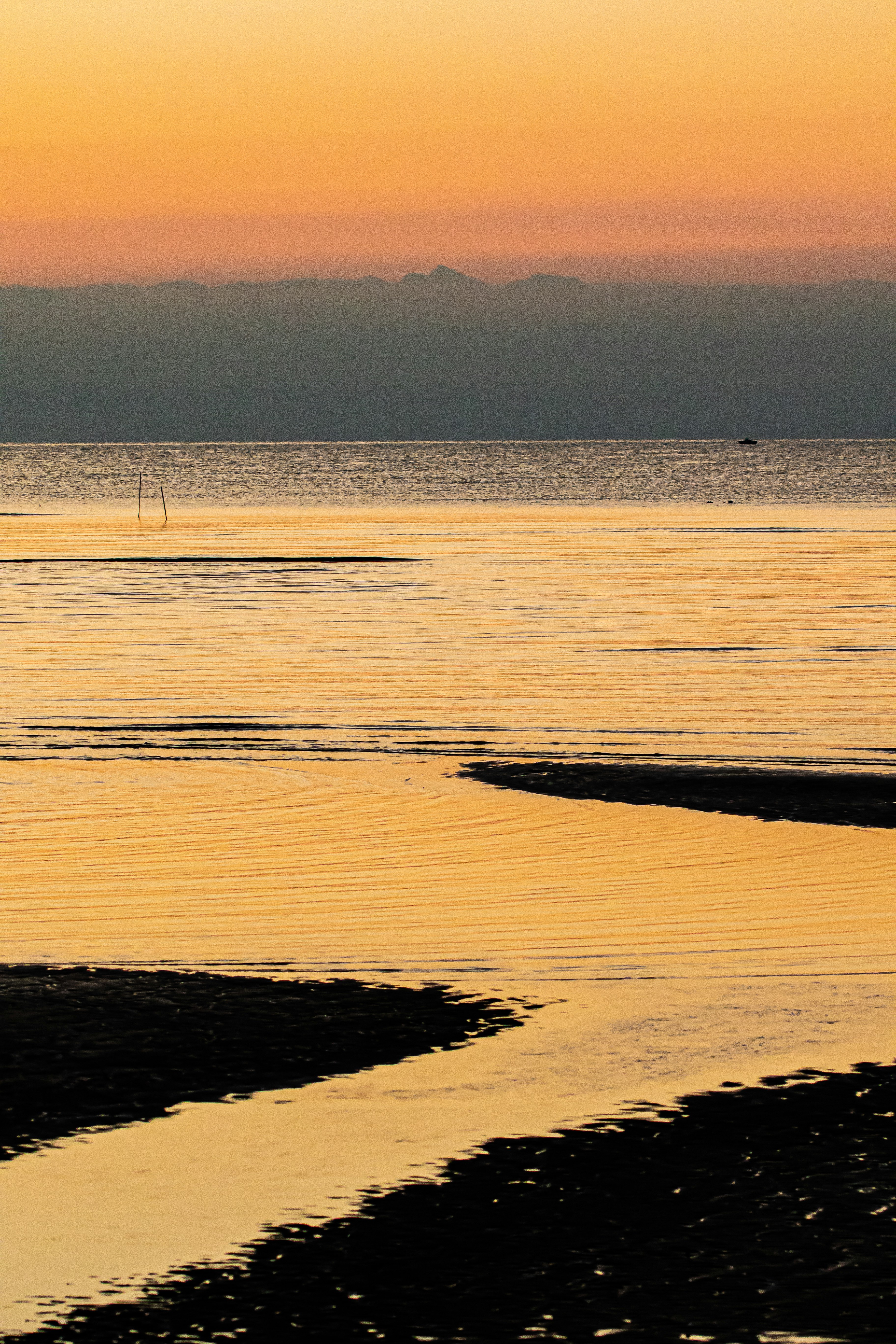 Côte sereine avec des eaux calmes reflétant des teintes dorées du coucher de soleil