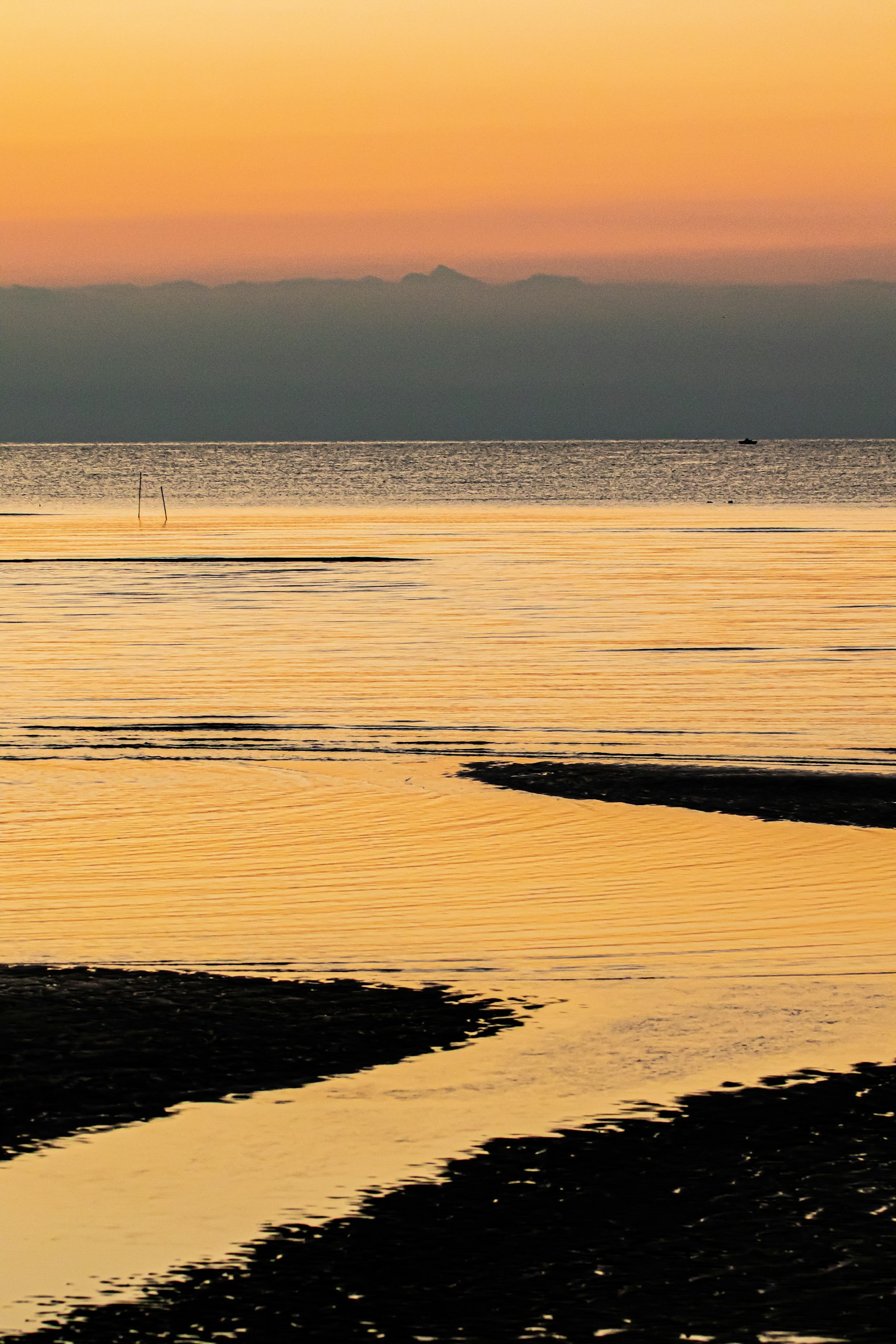 Côte sereine avec des eaux calmes reflétant des teintes dorées du coucher de soleil