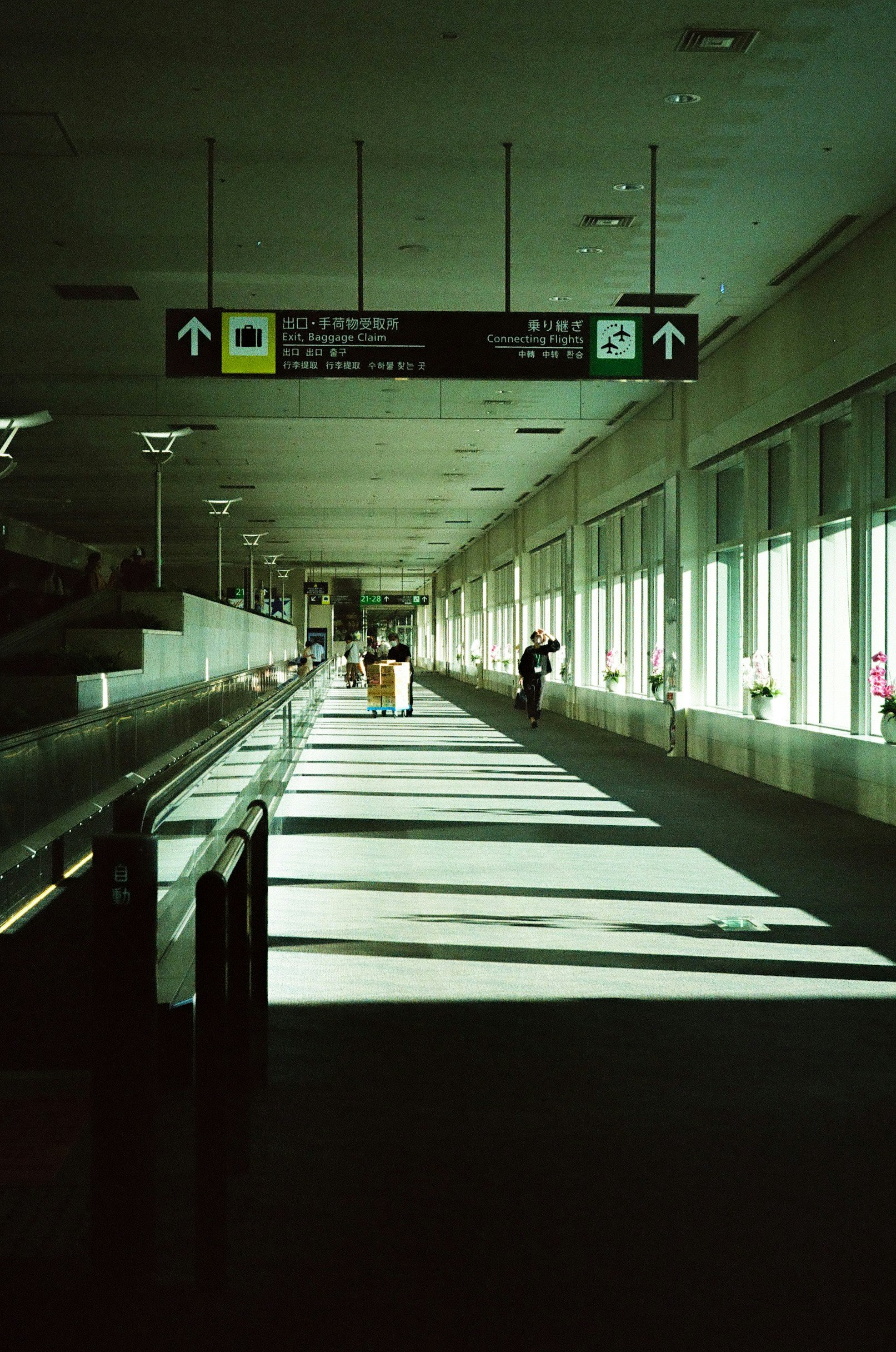 地下通路の長い直線と案内標識のある風景