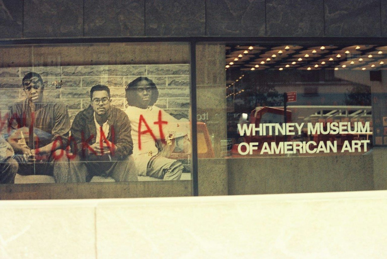 Exterior of Whitney Museum featuring displayed artwork