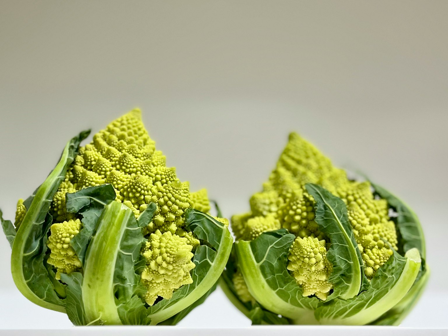Dos coles romanesco que muestran patrones verdes intrincados
