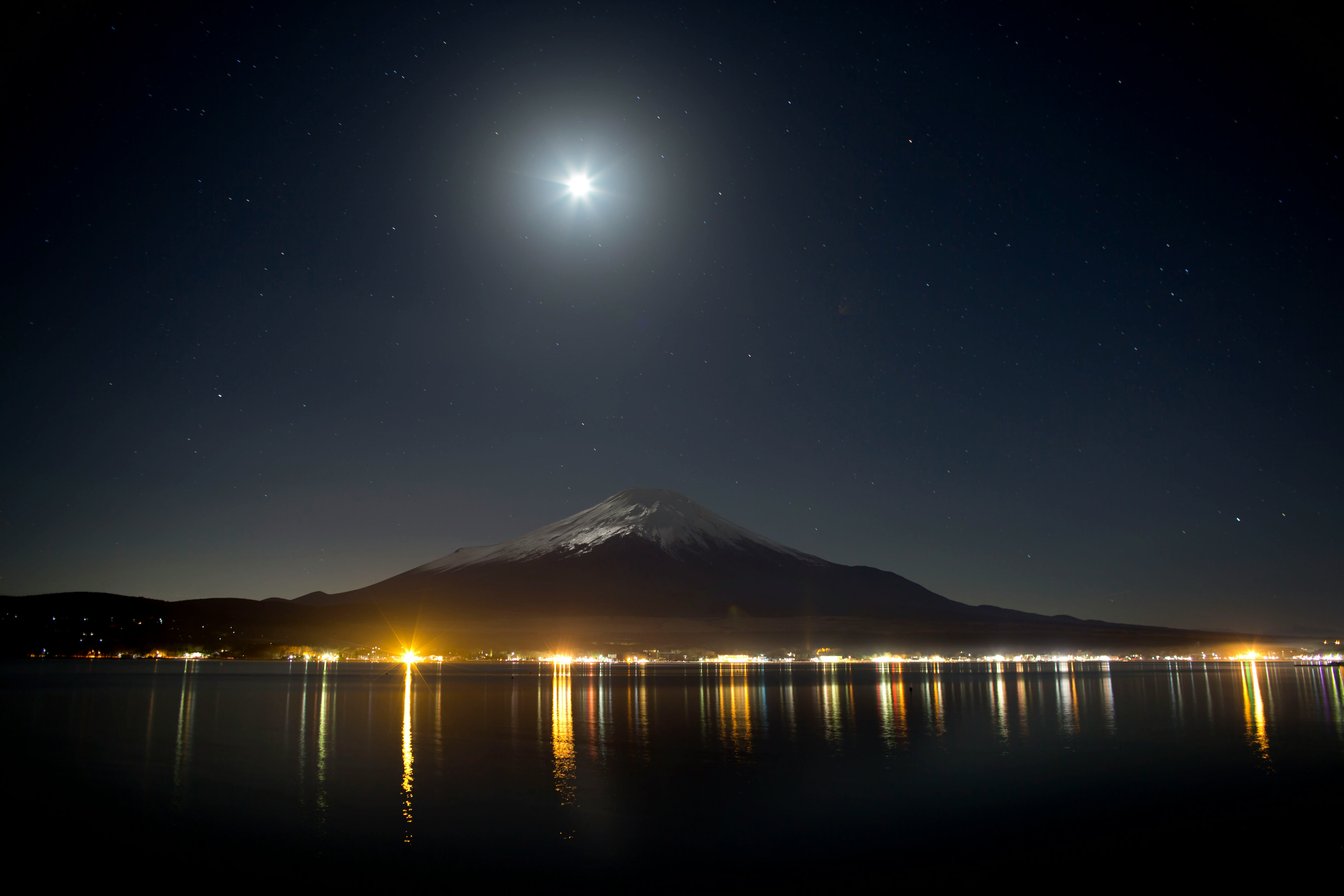 Moonlit Lake Kawaguchi and Mount Fuji night scene