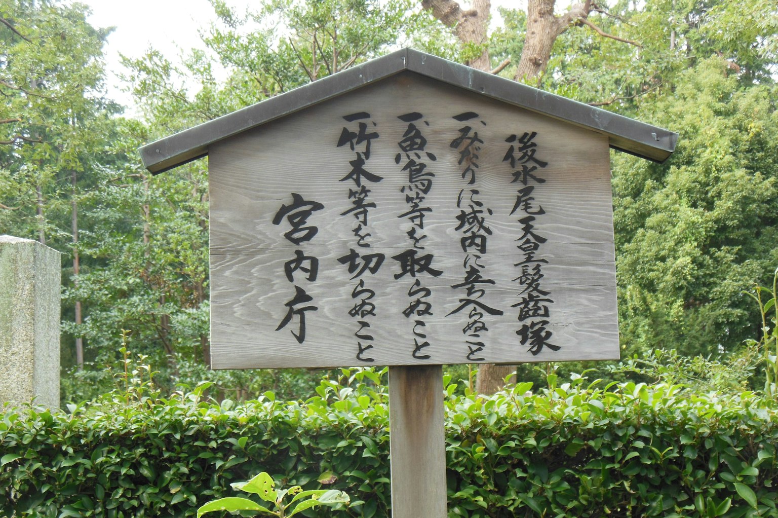 Wooden sign with Japanese text surrounded by green plants