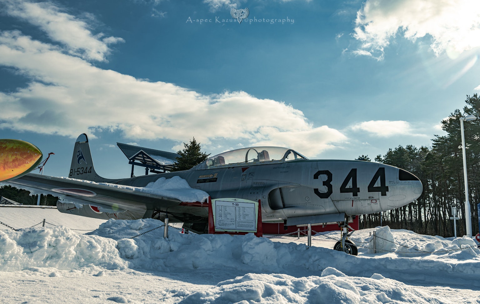 Flugzeug Nummer 344 unter einem blauen Himmel mit Schnee herum ausgestellt