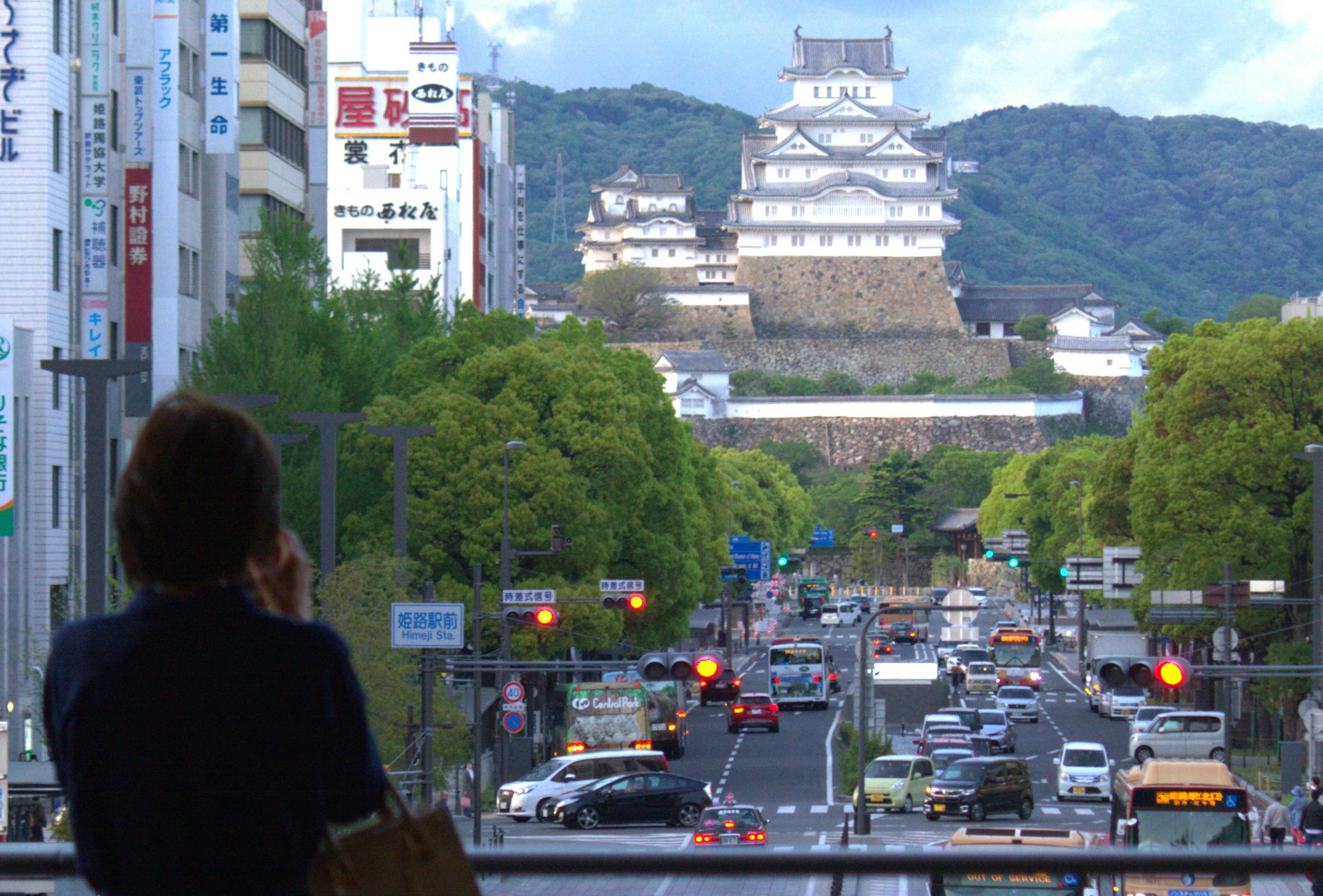 Vista di una strada urbana con il castello di Himeji sullo sfondo