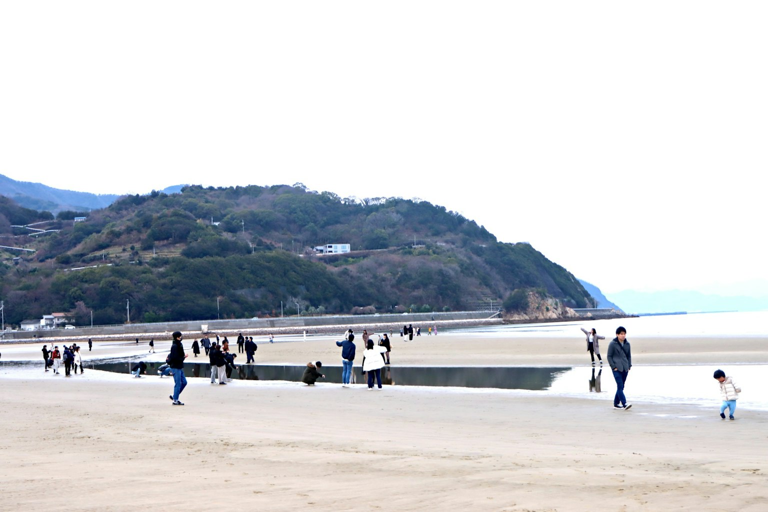 People enjoying the beach with a mountain backdrop