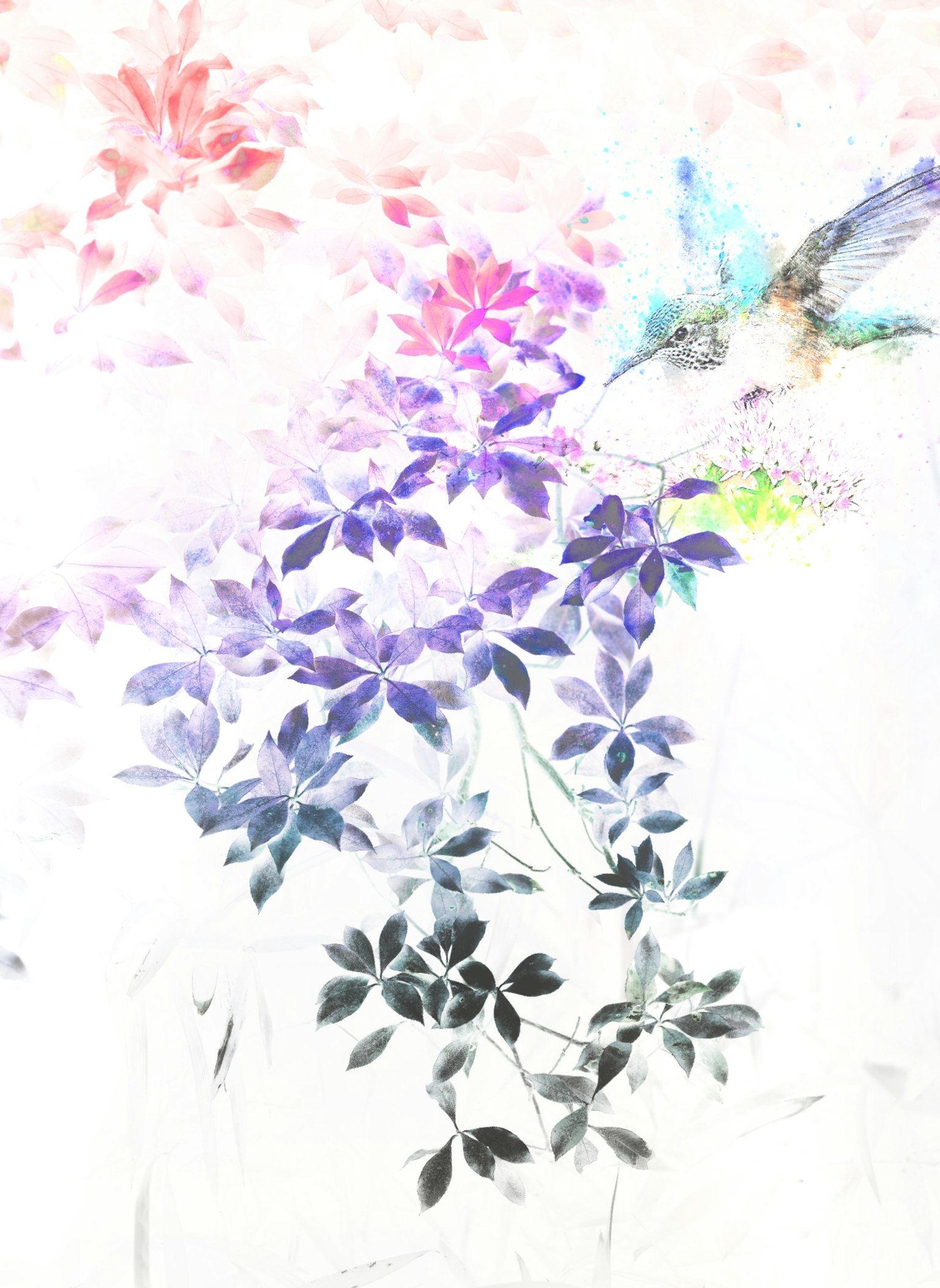 Acquerello di un uccello circondato da fiori e foglie colorate
