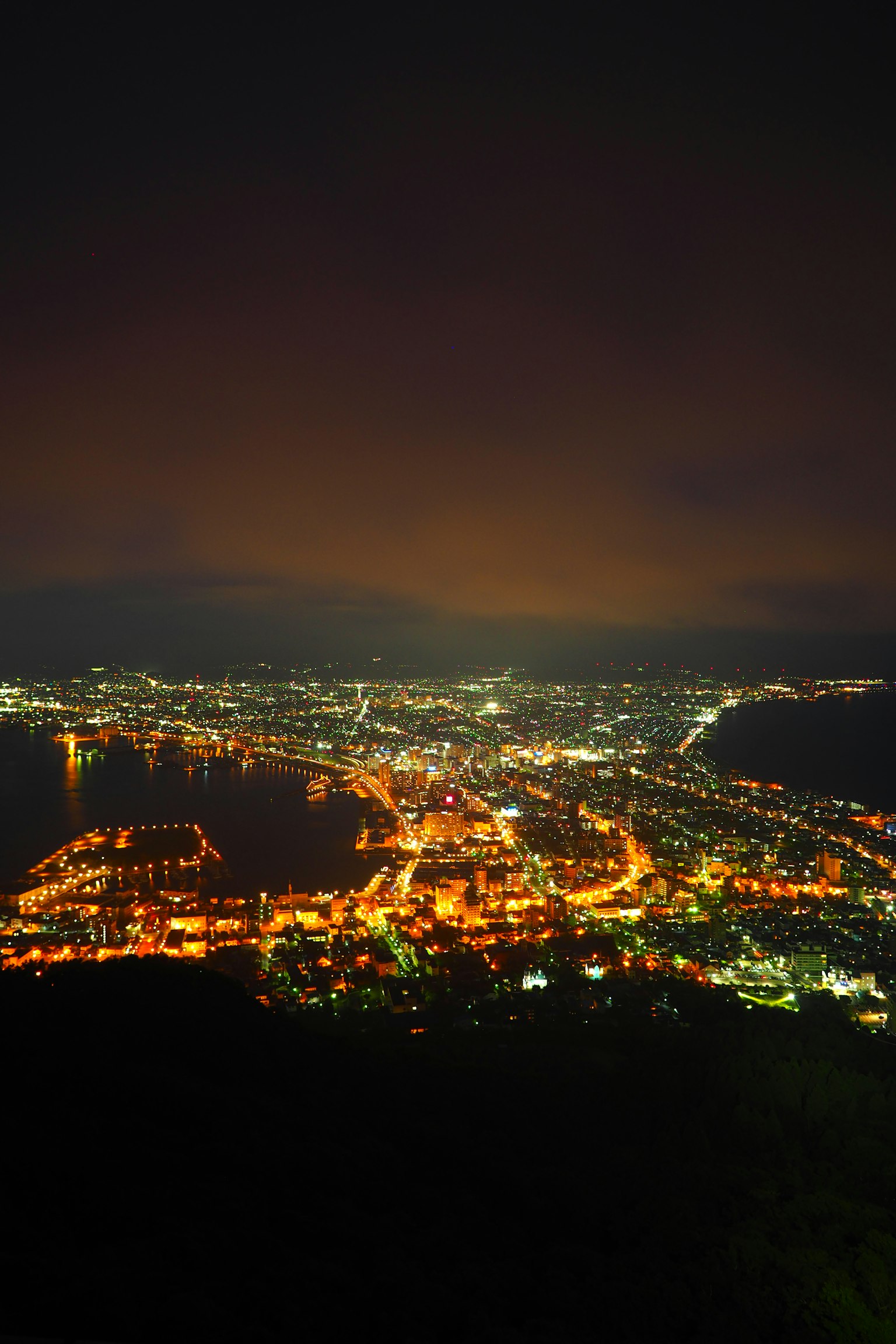 Hermosa vista nocturna de un horizonte urbano y el océano