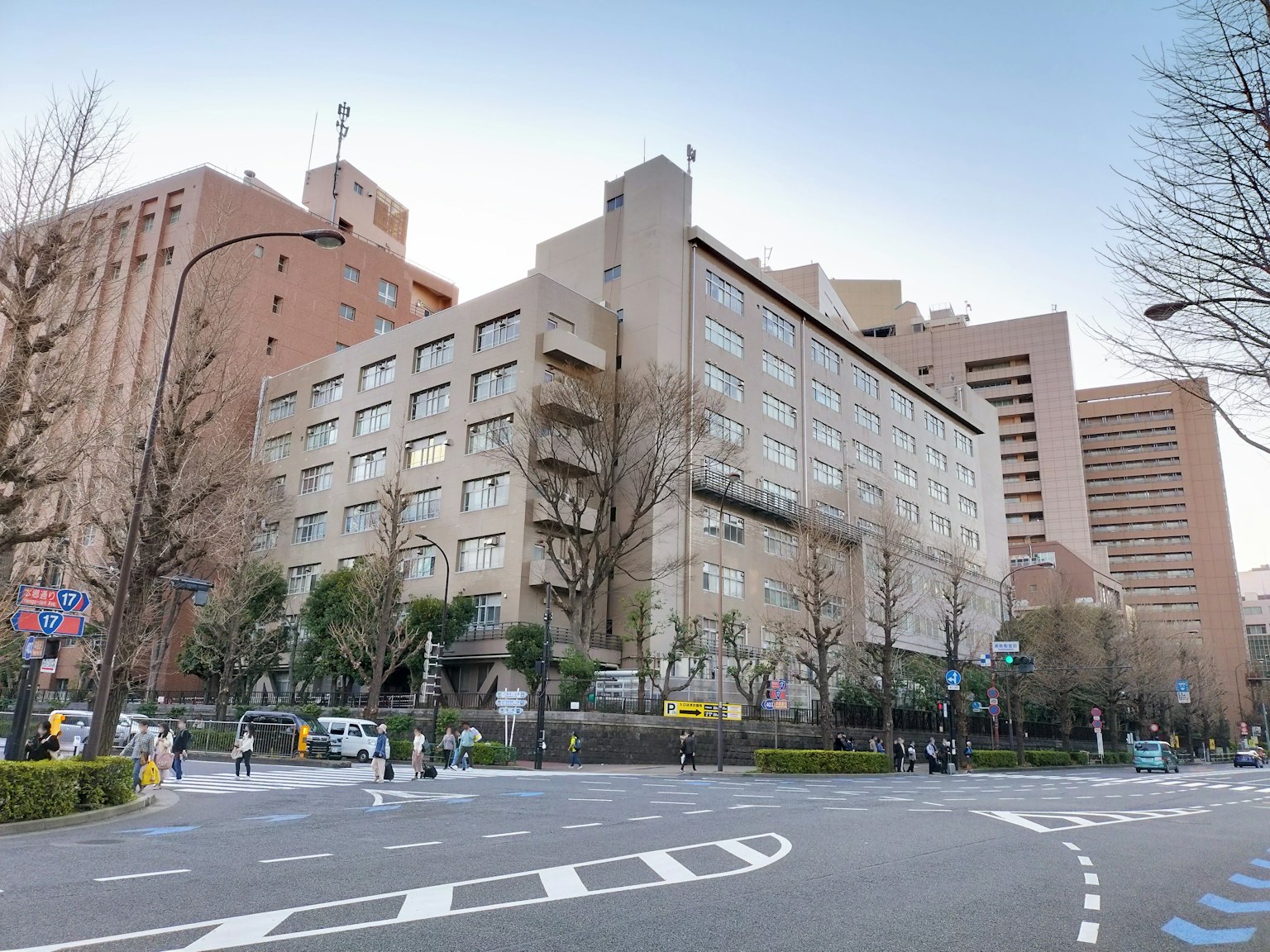 Tòa nhà lớn trong cảnh quan đô thị Tokyo với đường phố và cây cối xung quanh