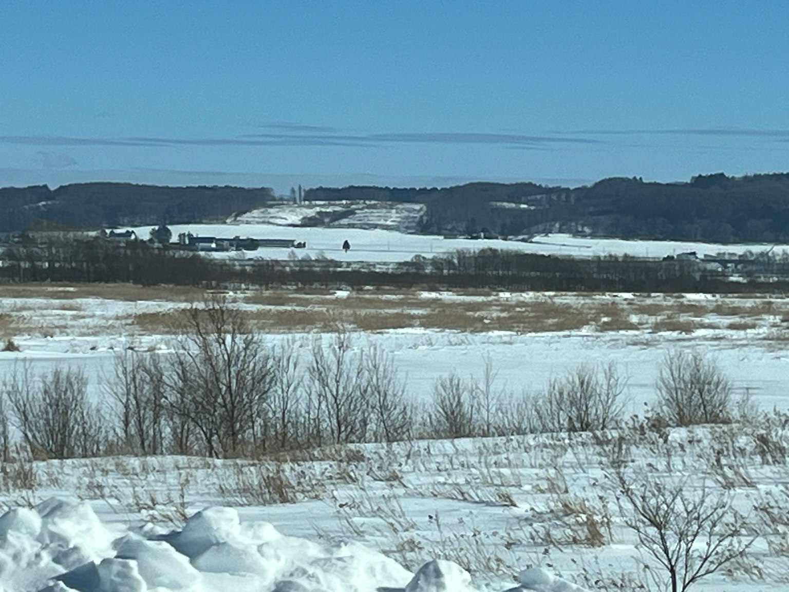 Winter landscape featuring snow-covered fields and distant hills
