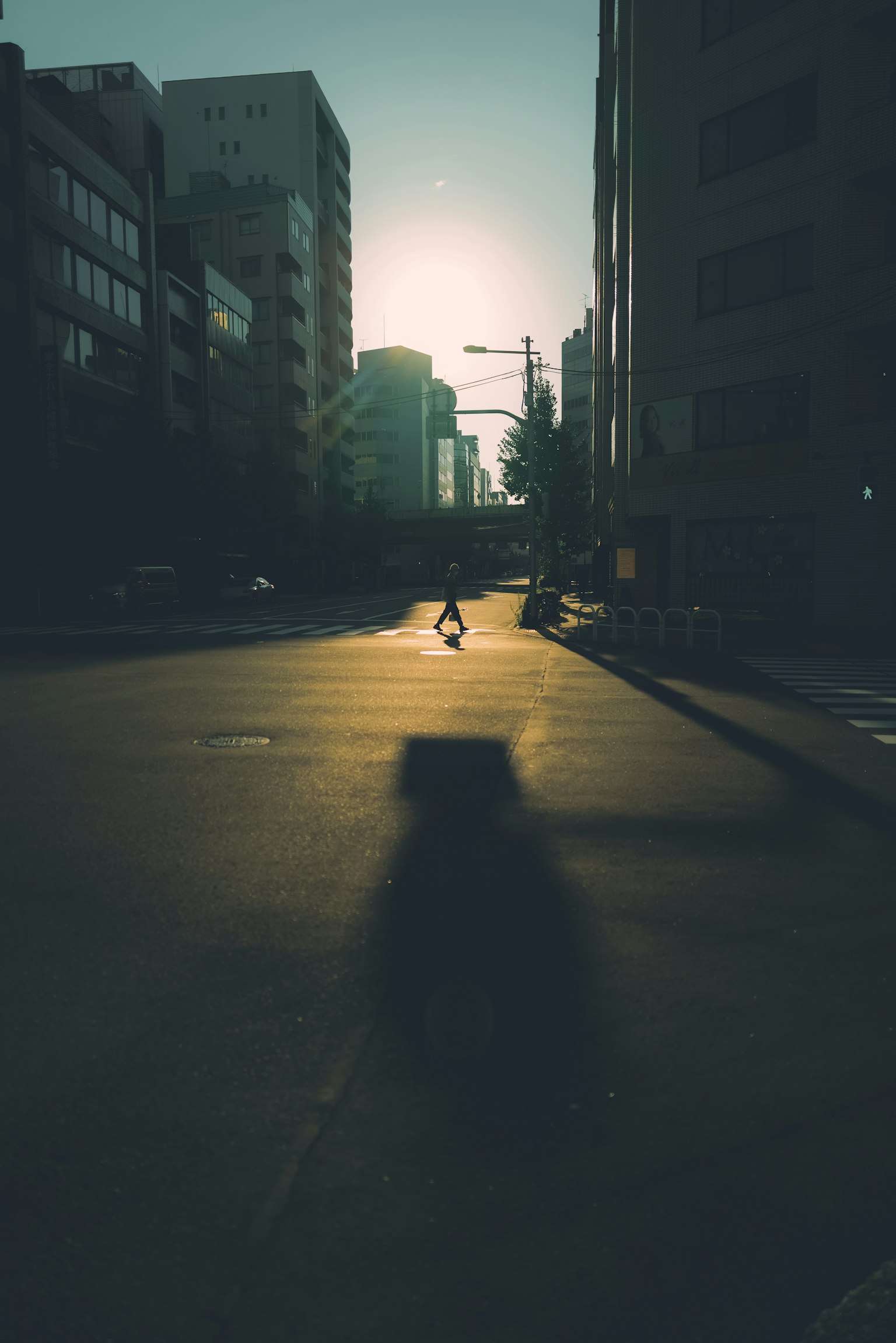 노을을 배경으로 비어 있는 도시 거리에서 걷는 사람의 실루엣