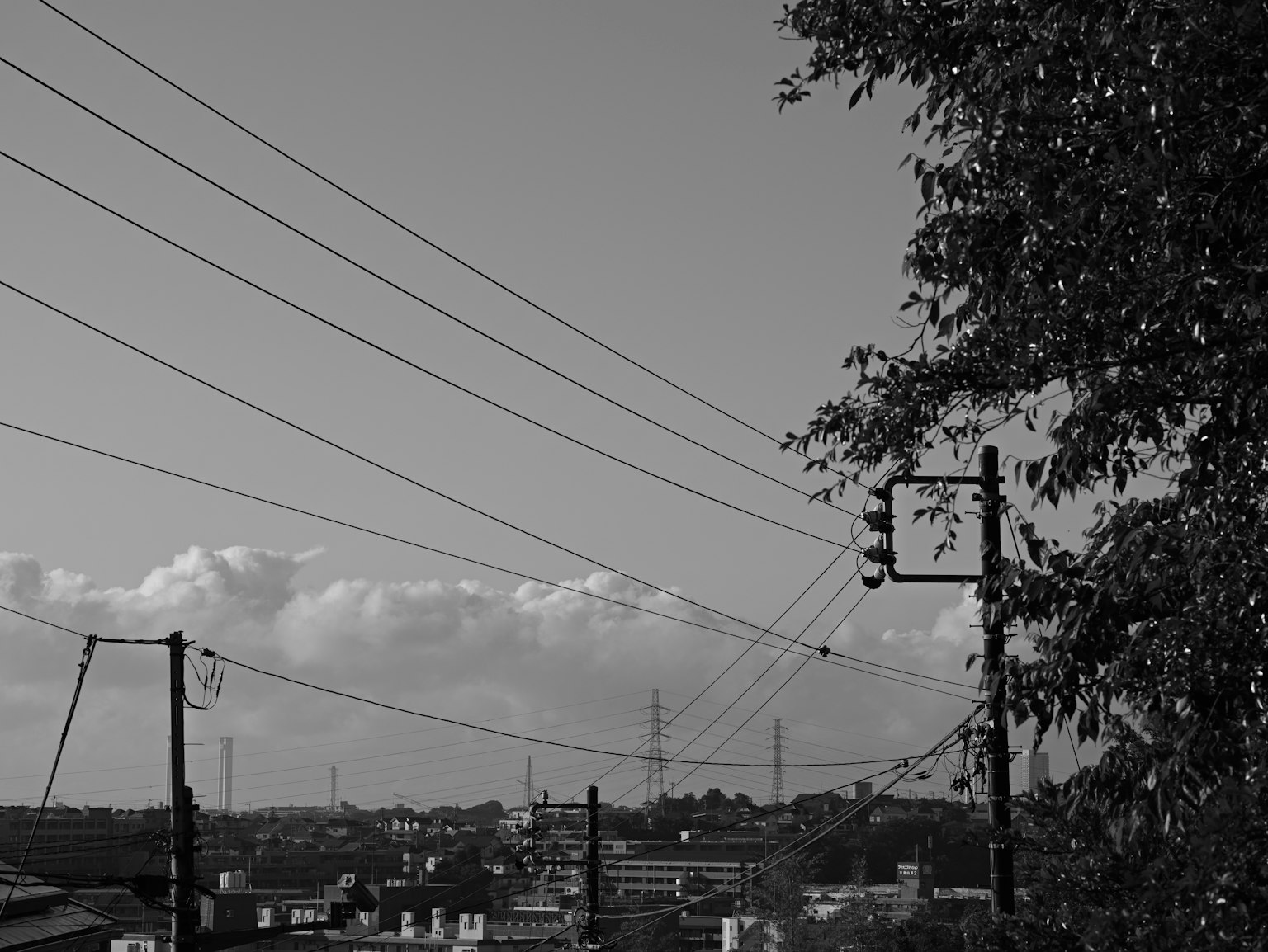 Black and white landscape photo featuring power lines and clouds over rooftops