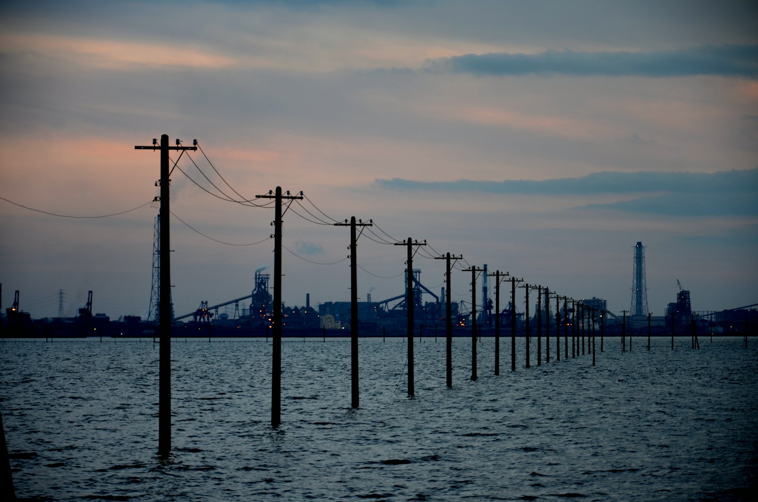Row of power poles standing in water at dusk