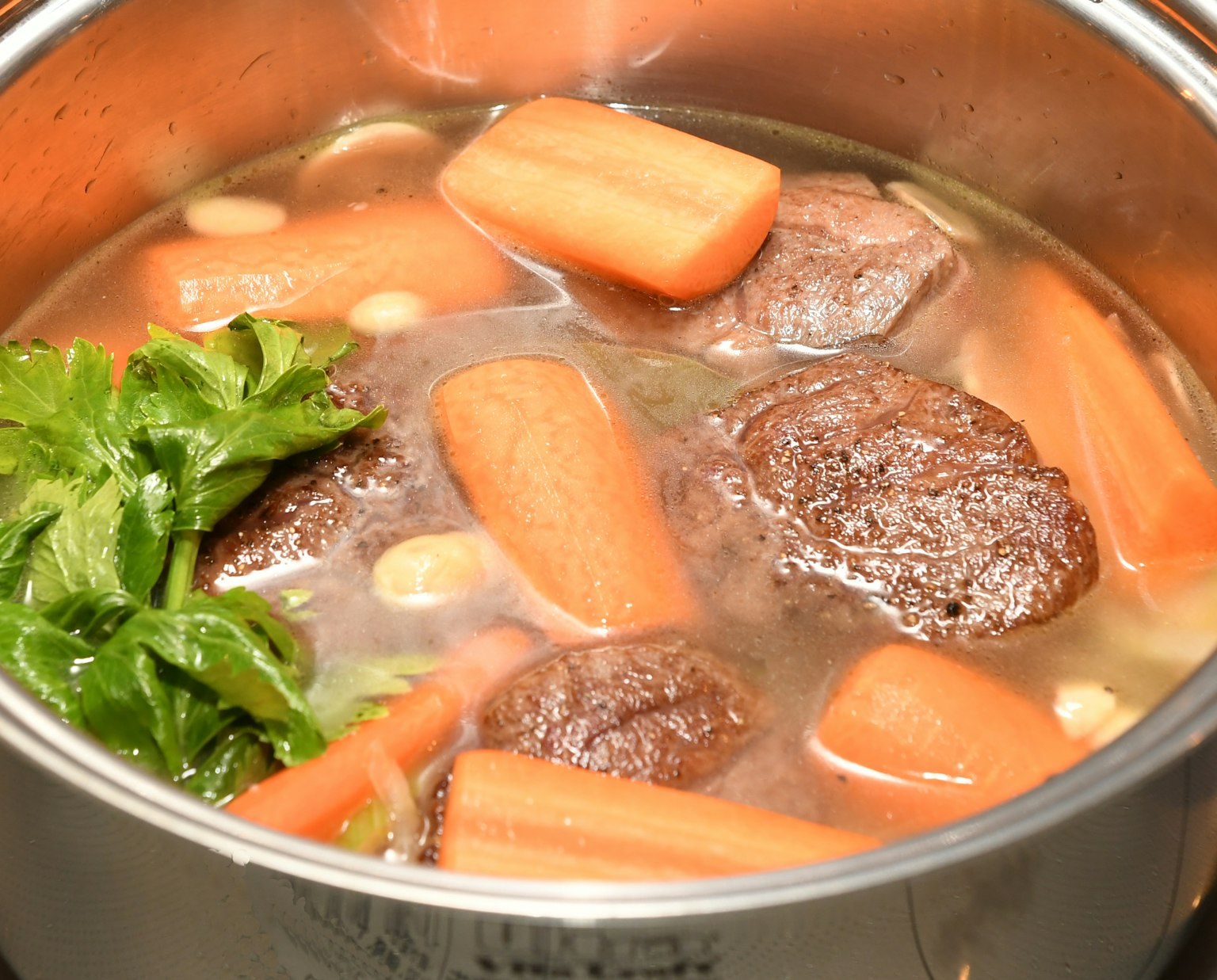 装有肉和胡萝卜的汤锅