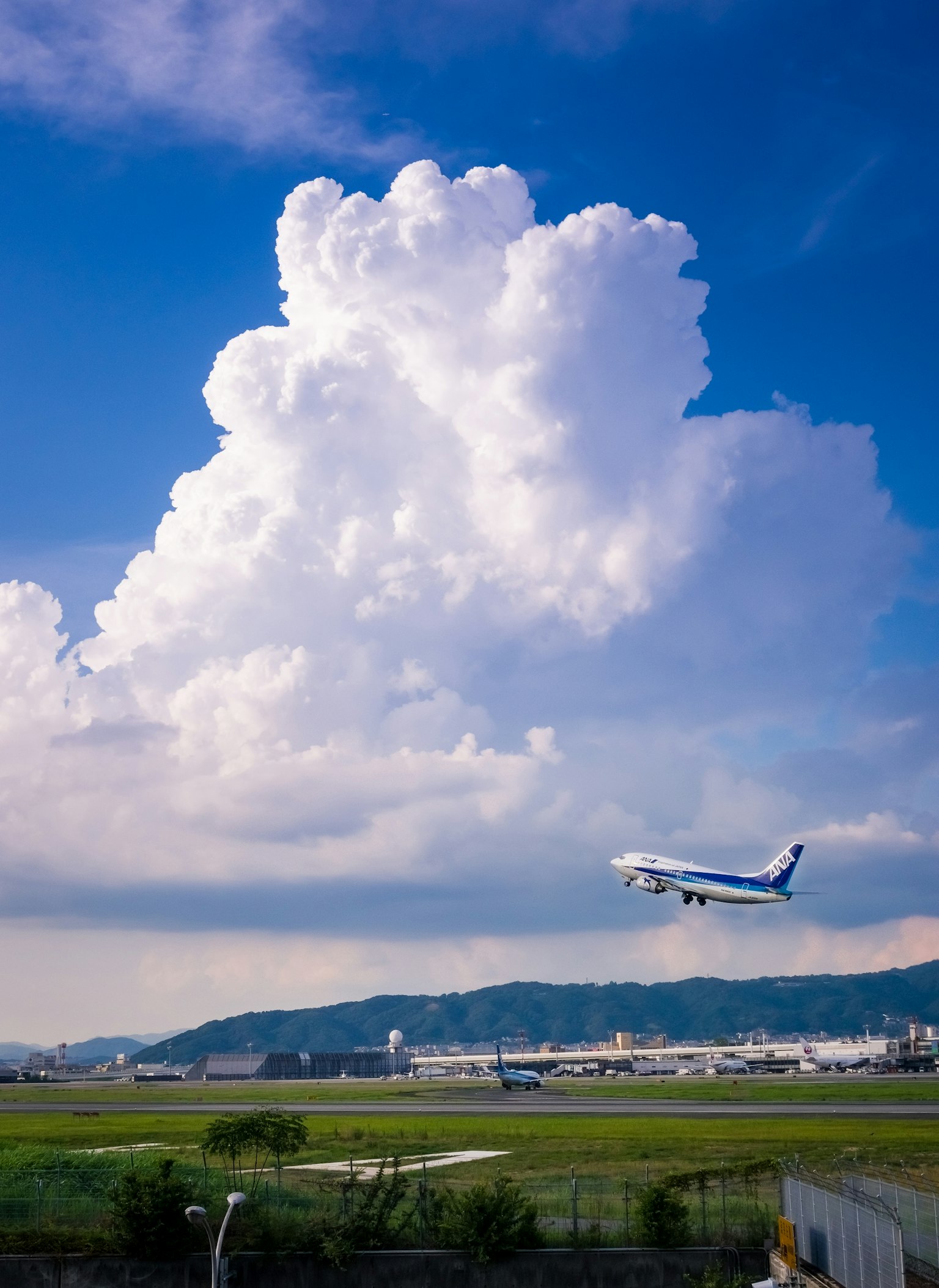 Un avion volant sur fond de ciel bleu et de nuages blancs duveteux