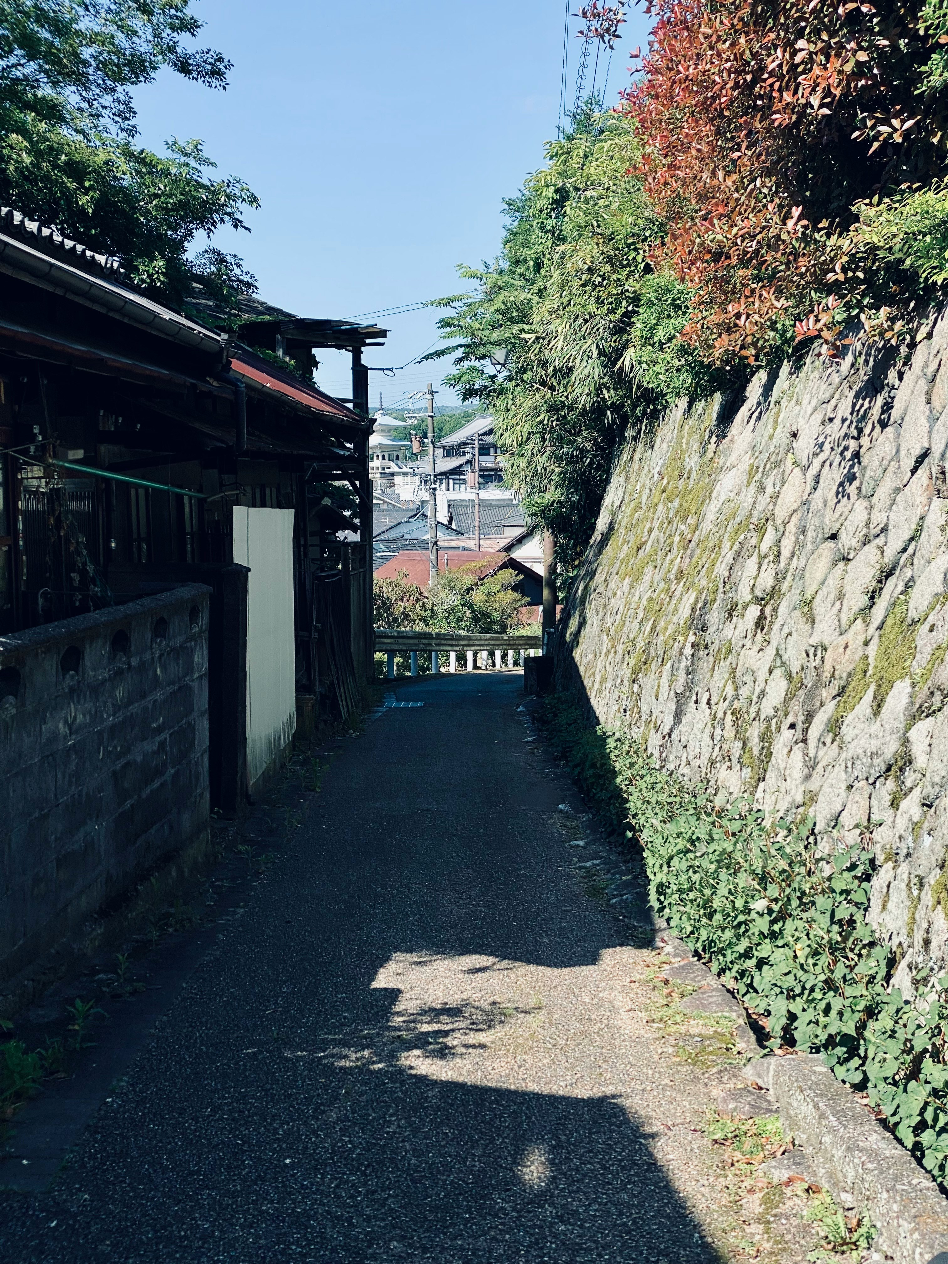裏路地の石垣と軒先が続く静かな路地