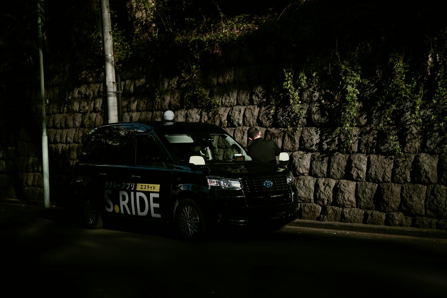Police car parked on a dark street next to a stone wall