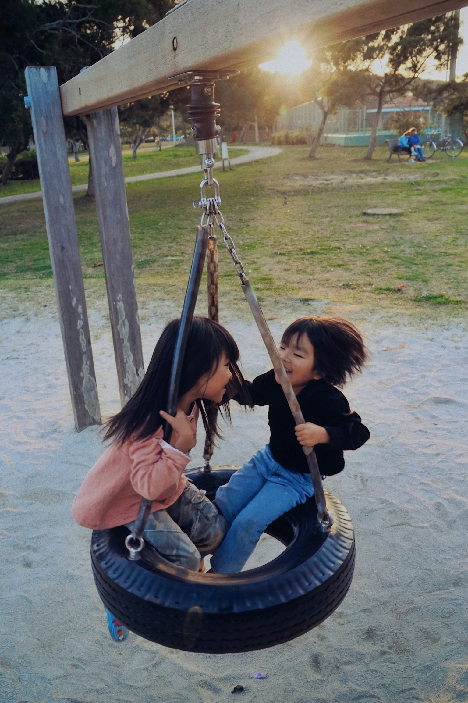 Two girls playing on a tire swing in a park
