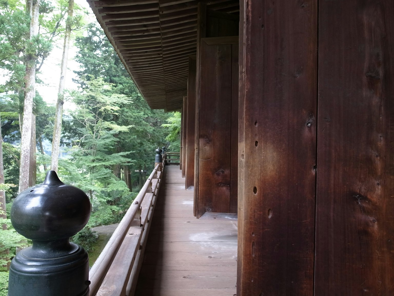 Wooden corridor with green trees in the background