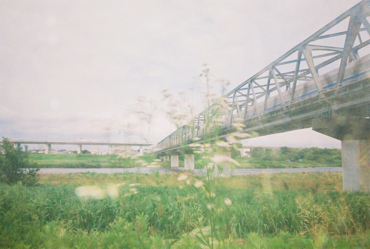 初夏の草むらと川にかかる鉄橋のある風景