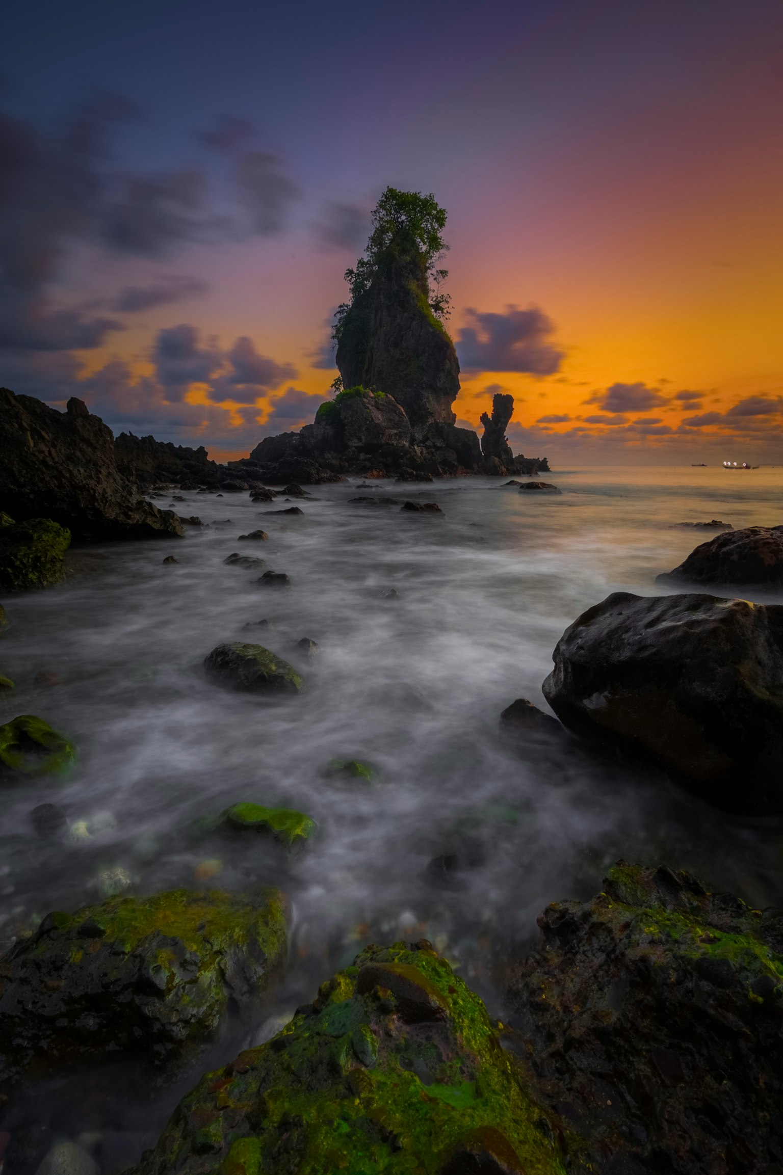 Hermoso paisaje costero al atardecer con vegetación en las rocas y agua fluyendo
