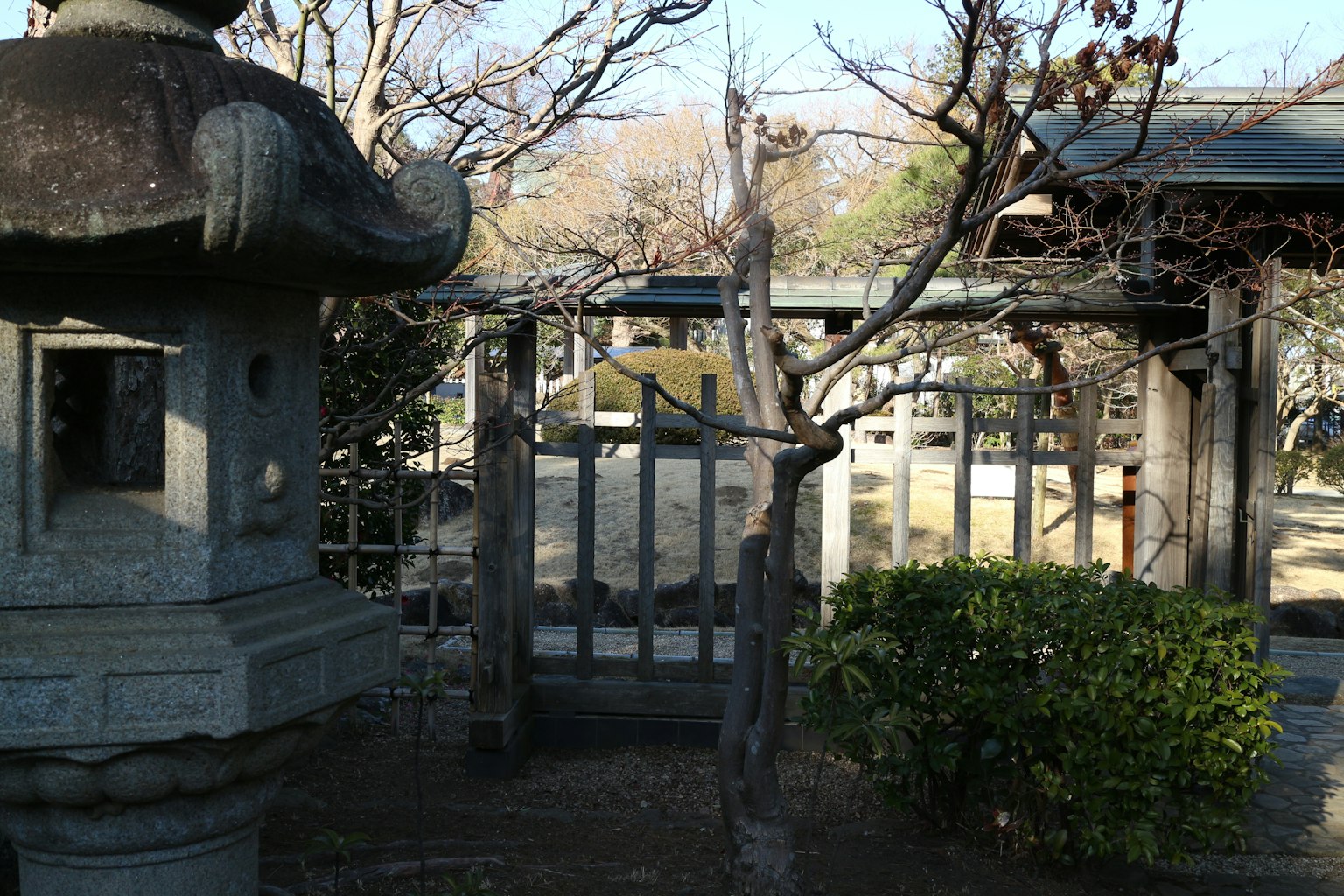 Ein ruhiger japanischer Garten mit einem Ste lantern und einem Holzzaun