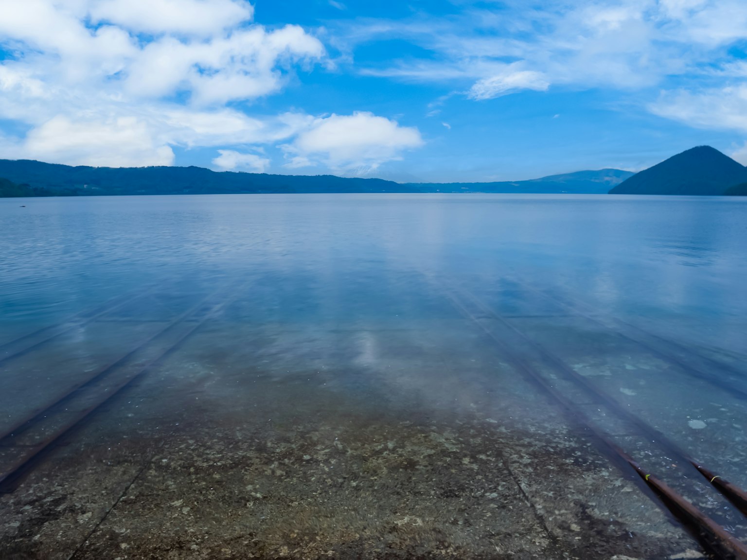 Clear lake water reflecting a blue sky