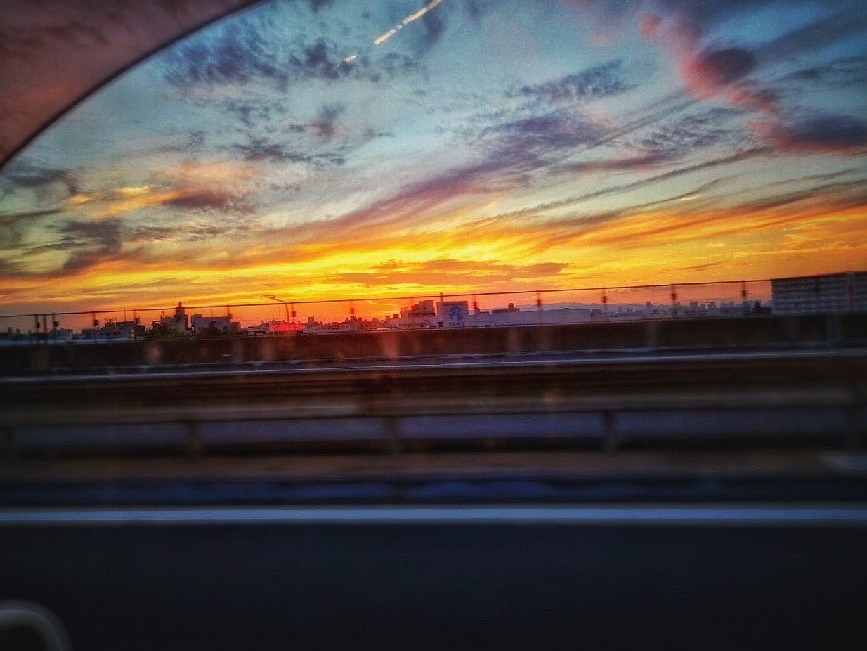 大阪の高速道路から見える夕焼けの車窓風景