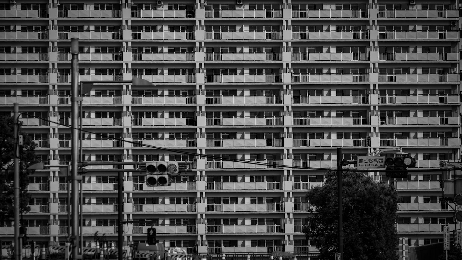 高层建筑外立面的单色视图，带有众多窗户