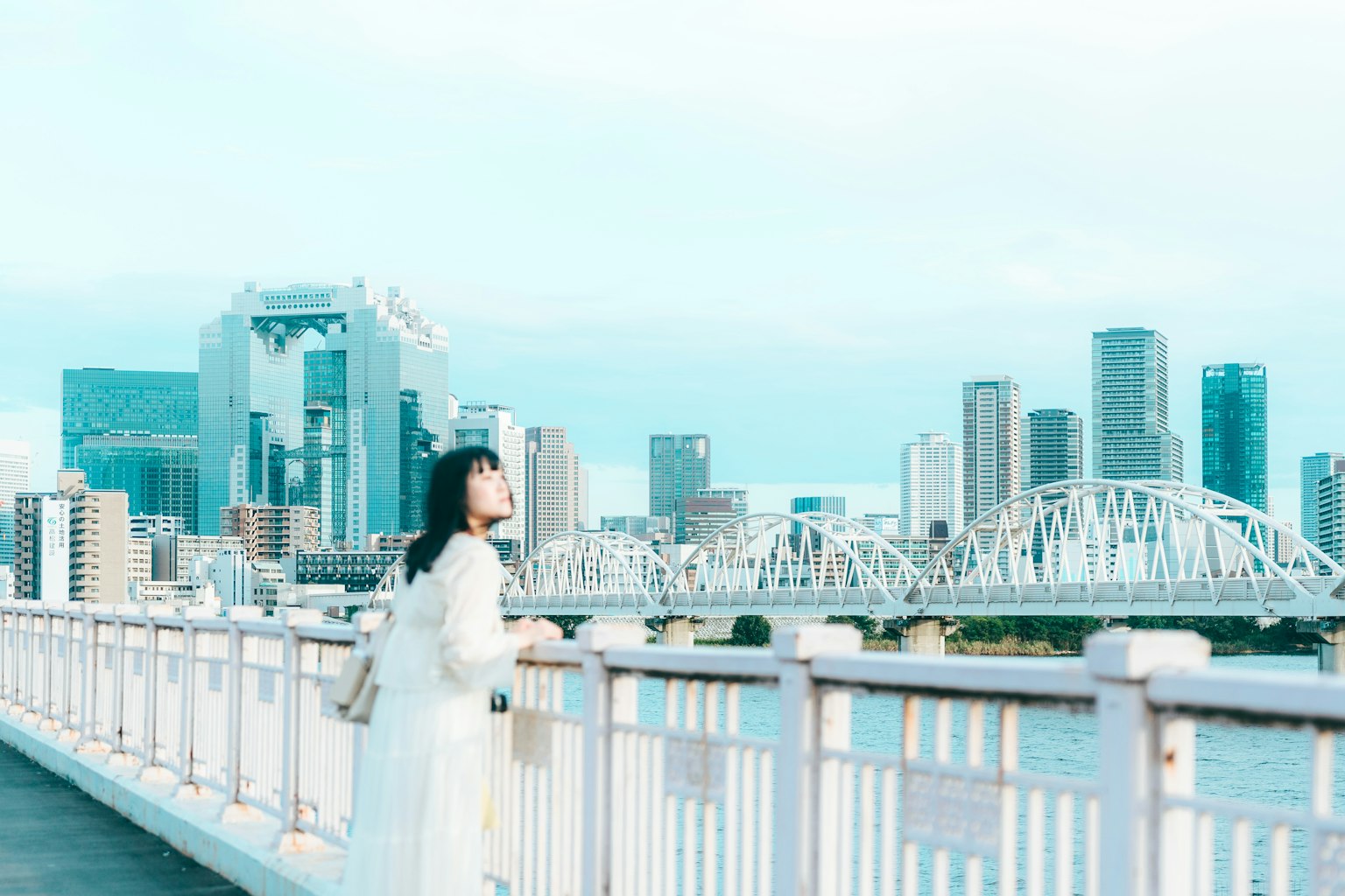 女性が橋の上で東京の街並みを見つめる風景
