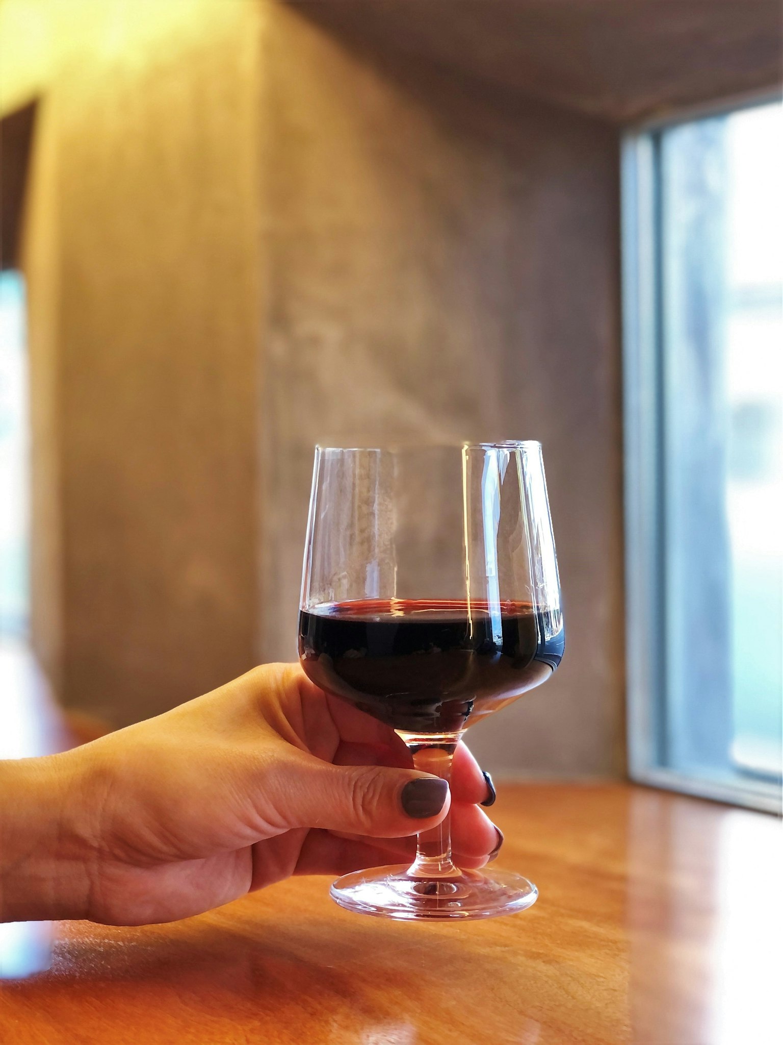 A hand holding a glass of red wine