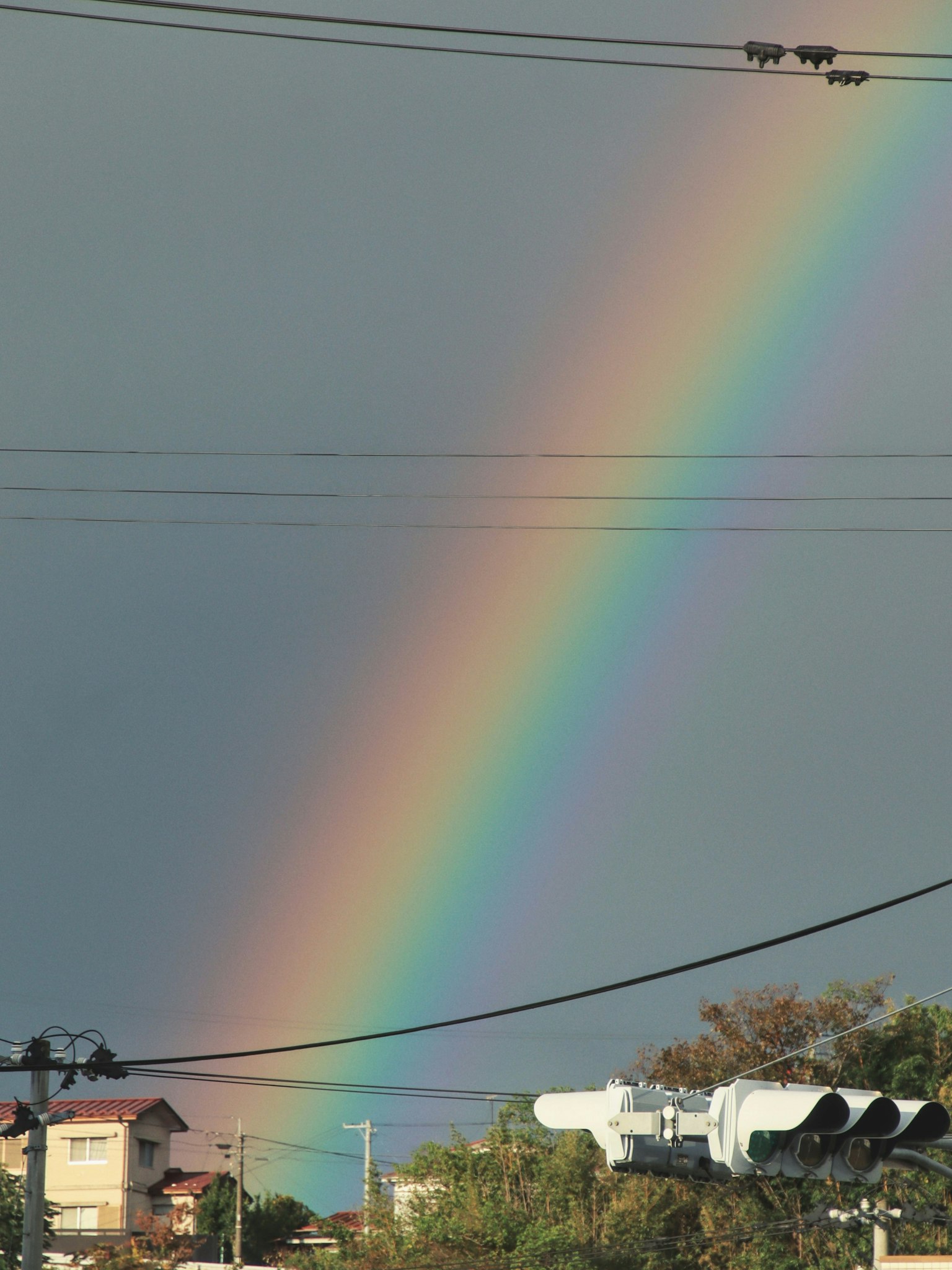 虹が空にかかり、周囲に電線が見える風景