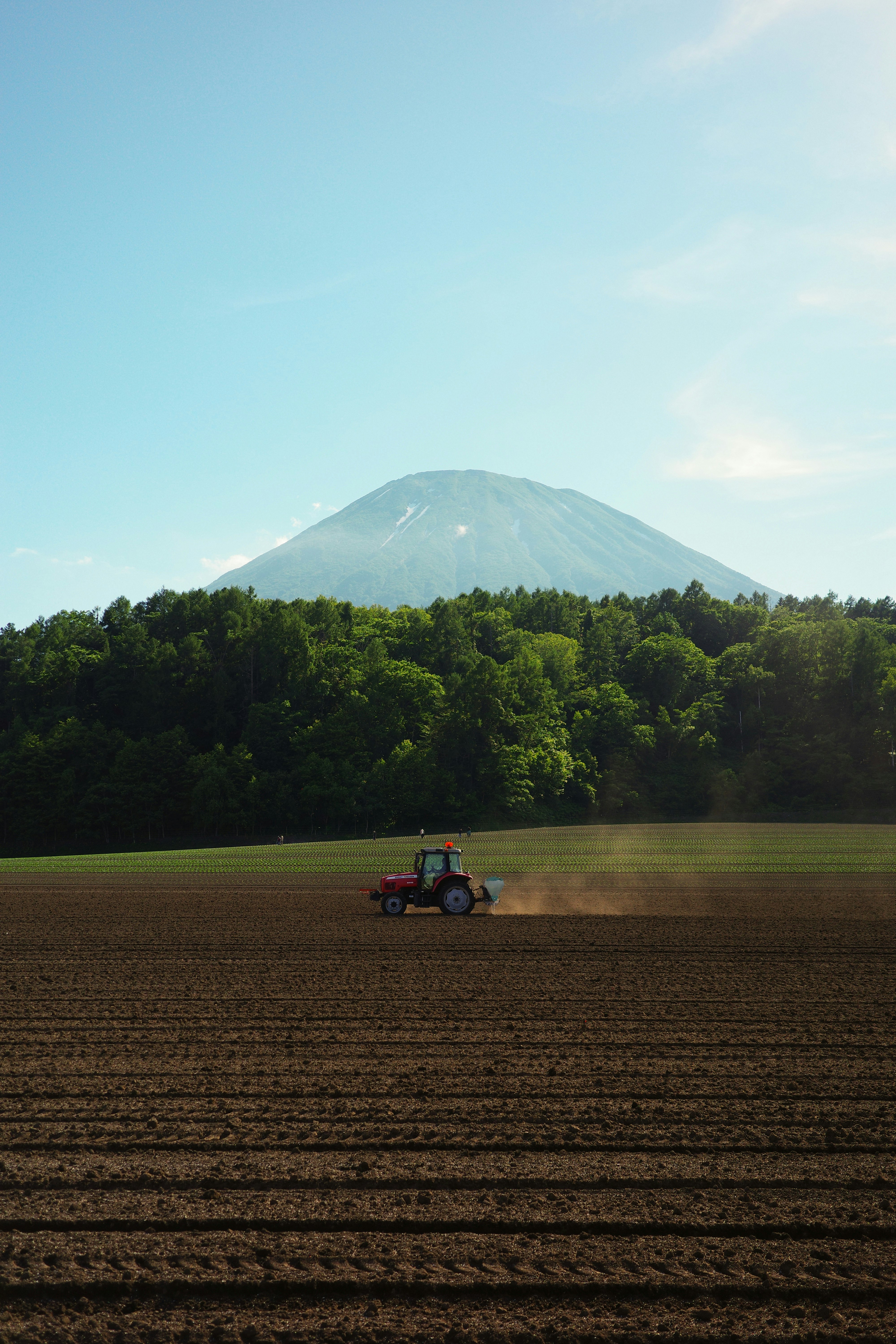 北海道の畑を走るトラクターと大きな山