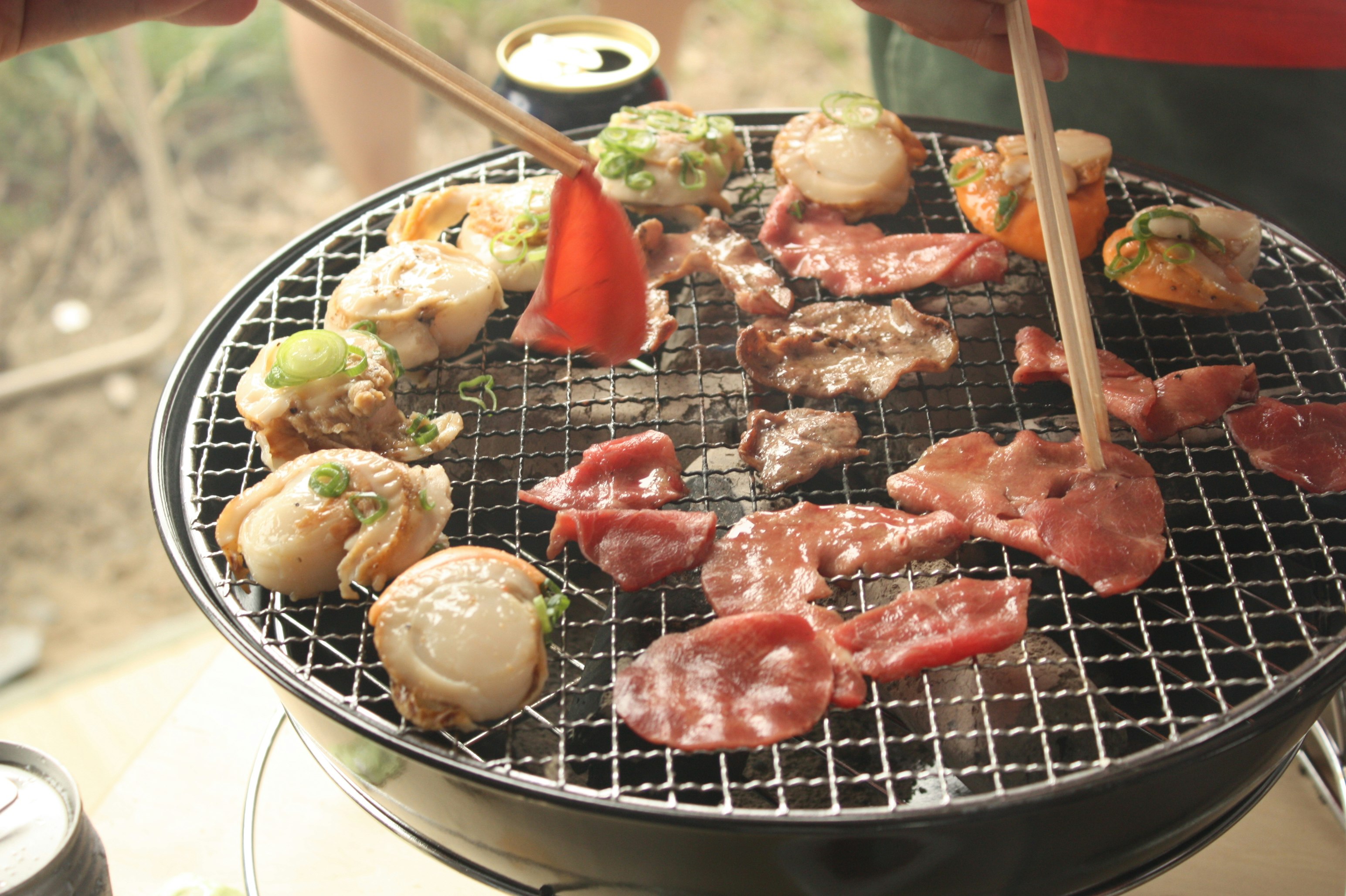 戶外燒烤烤架上烤製的肉和蔬菜