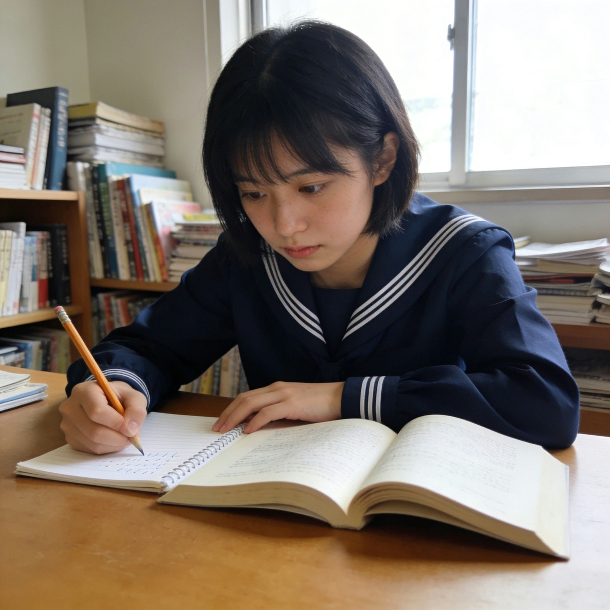 A student studying at a desk in a bedroom, writing in an open notebook