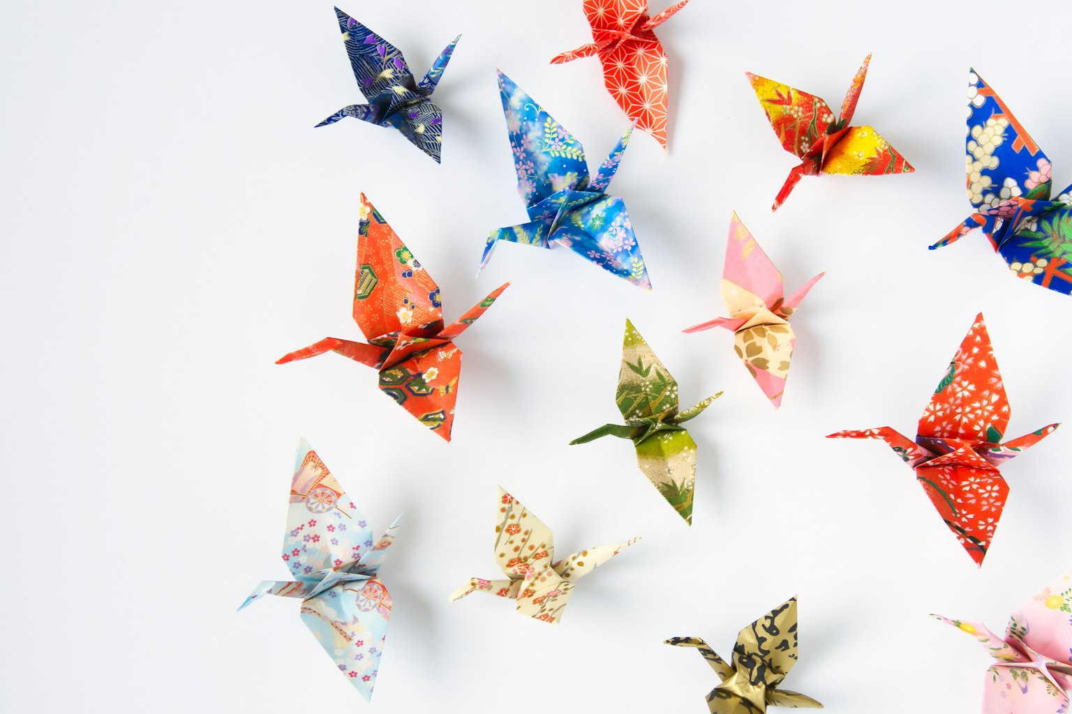 Gru di origami colorate disposte su uno sfondo bianco