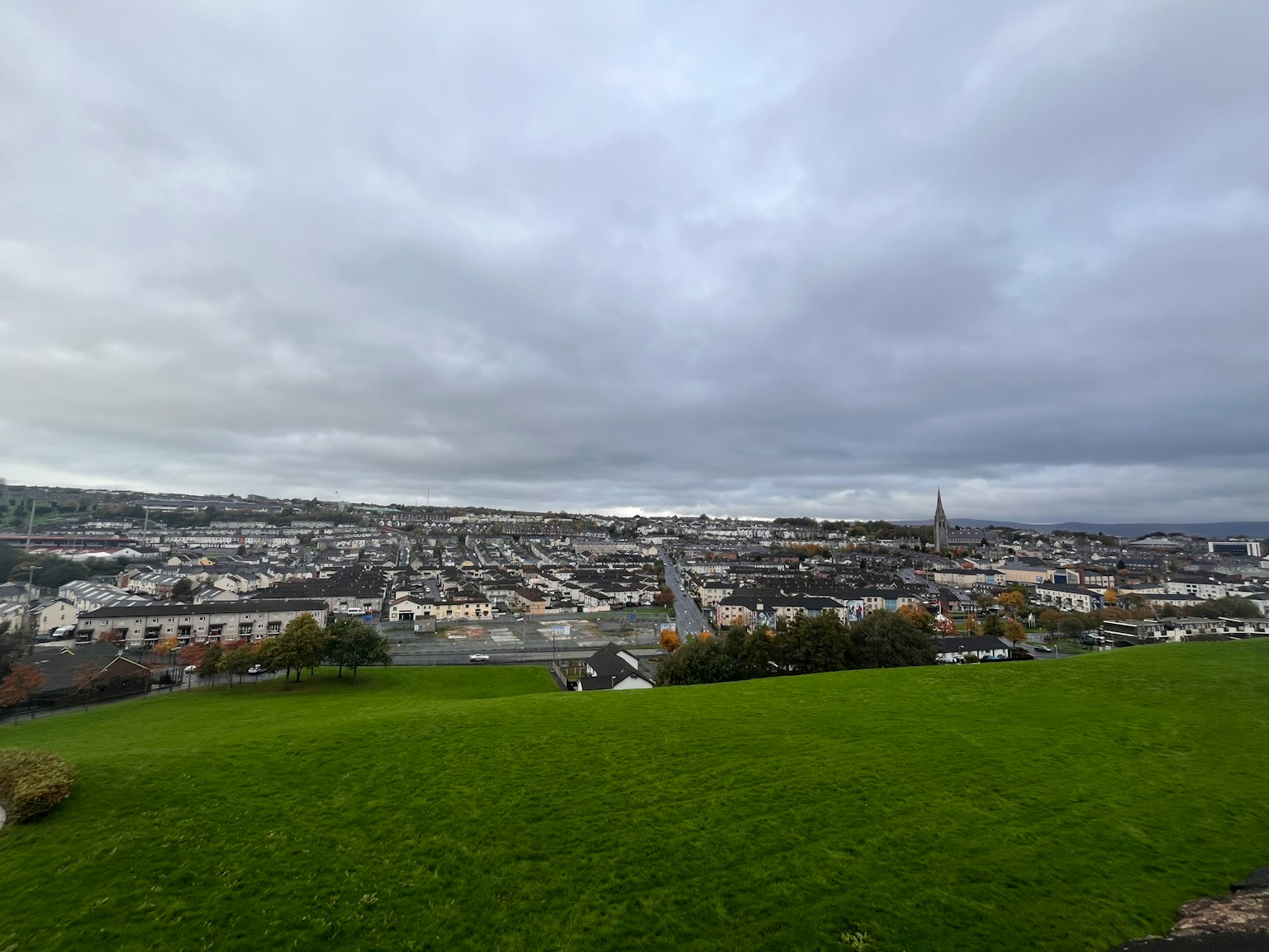 Una vista panoramica con campi di erba verde e un cielo nuvoloso con case di città